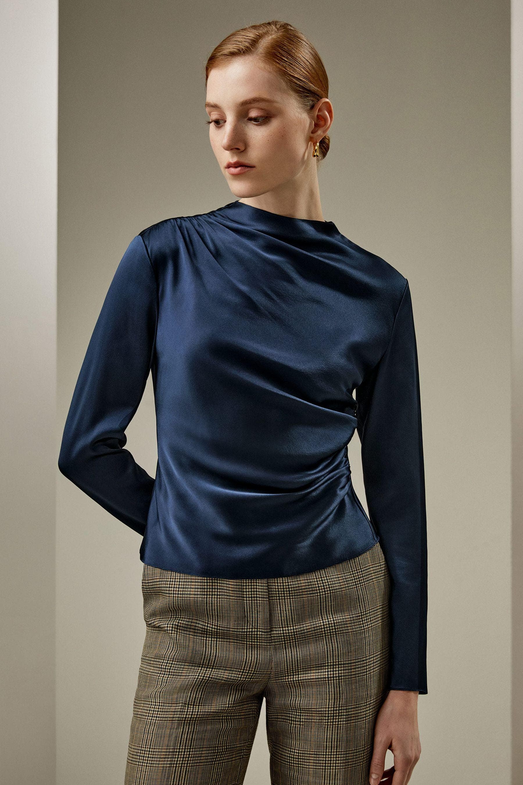 Oblique Wave Satin  Blouse in Navy | Modest top | Modest fashion | Custom made available | Other colours available | Long sleeve top. - image 3