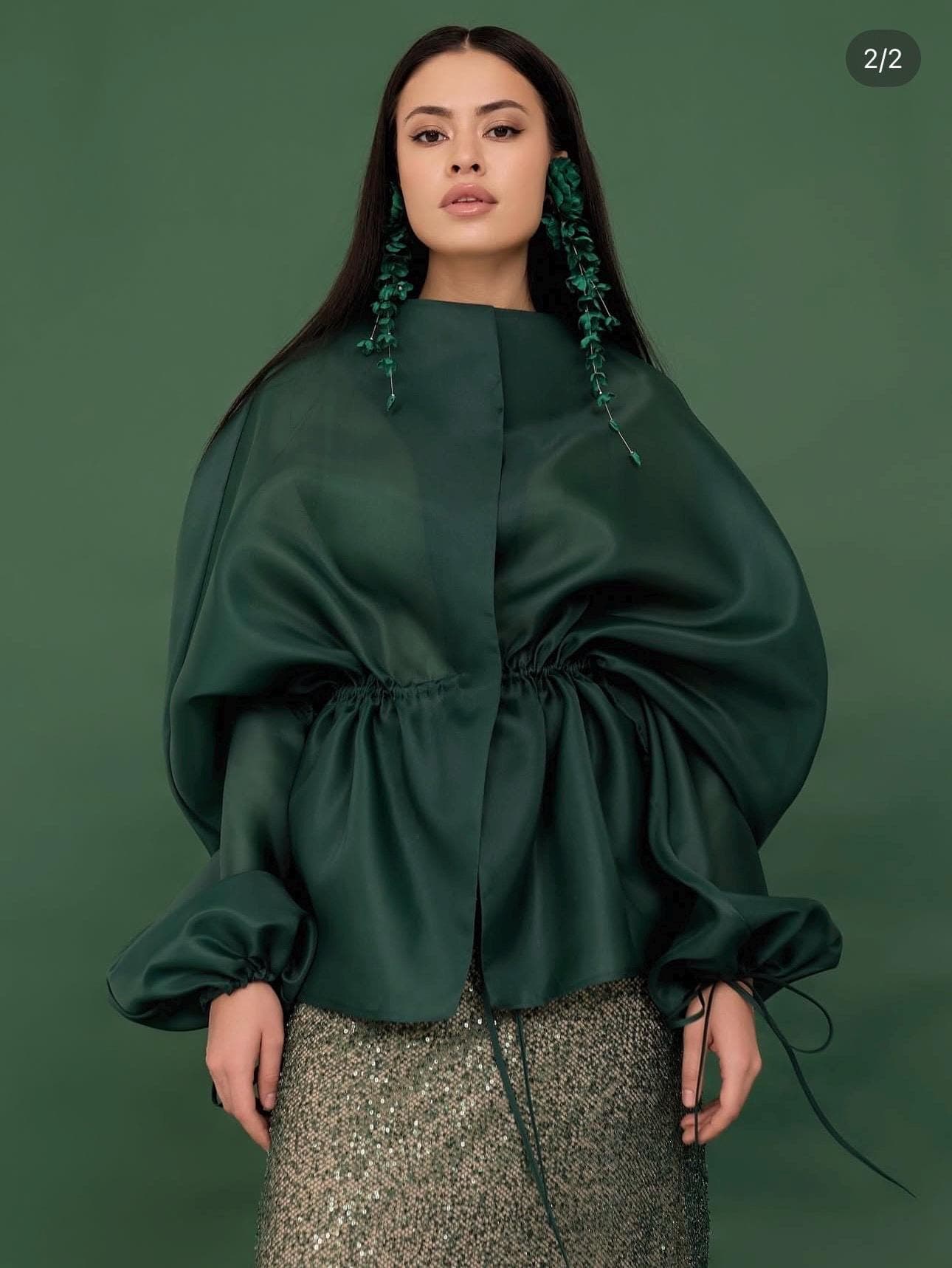 Organza blouse Emerald Green  | Can be lined  | modest top |Business style blouse | Minimalist design | Custom made available - image 3
