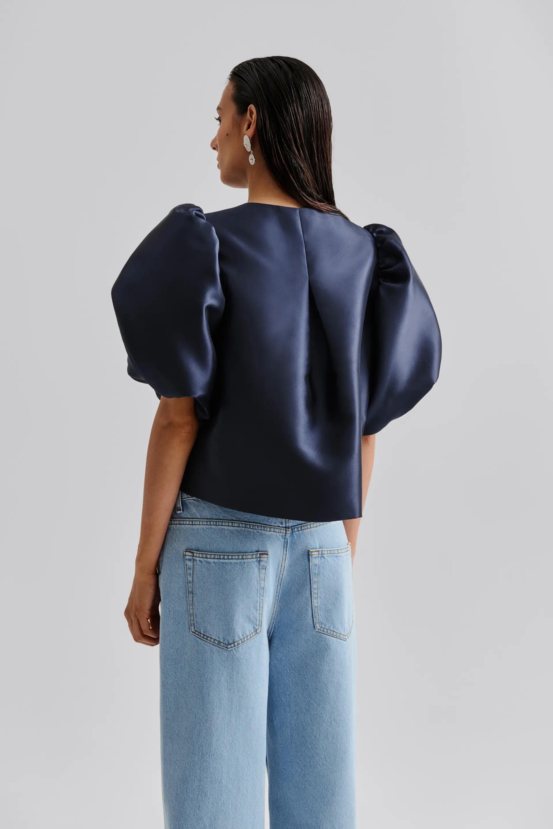 Blouse with pouf balloon sleeve in navy | Modest Fashion | Elegant style | Women business outfit| Made to measure available |more colours - image 3