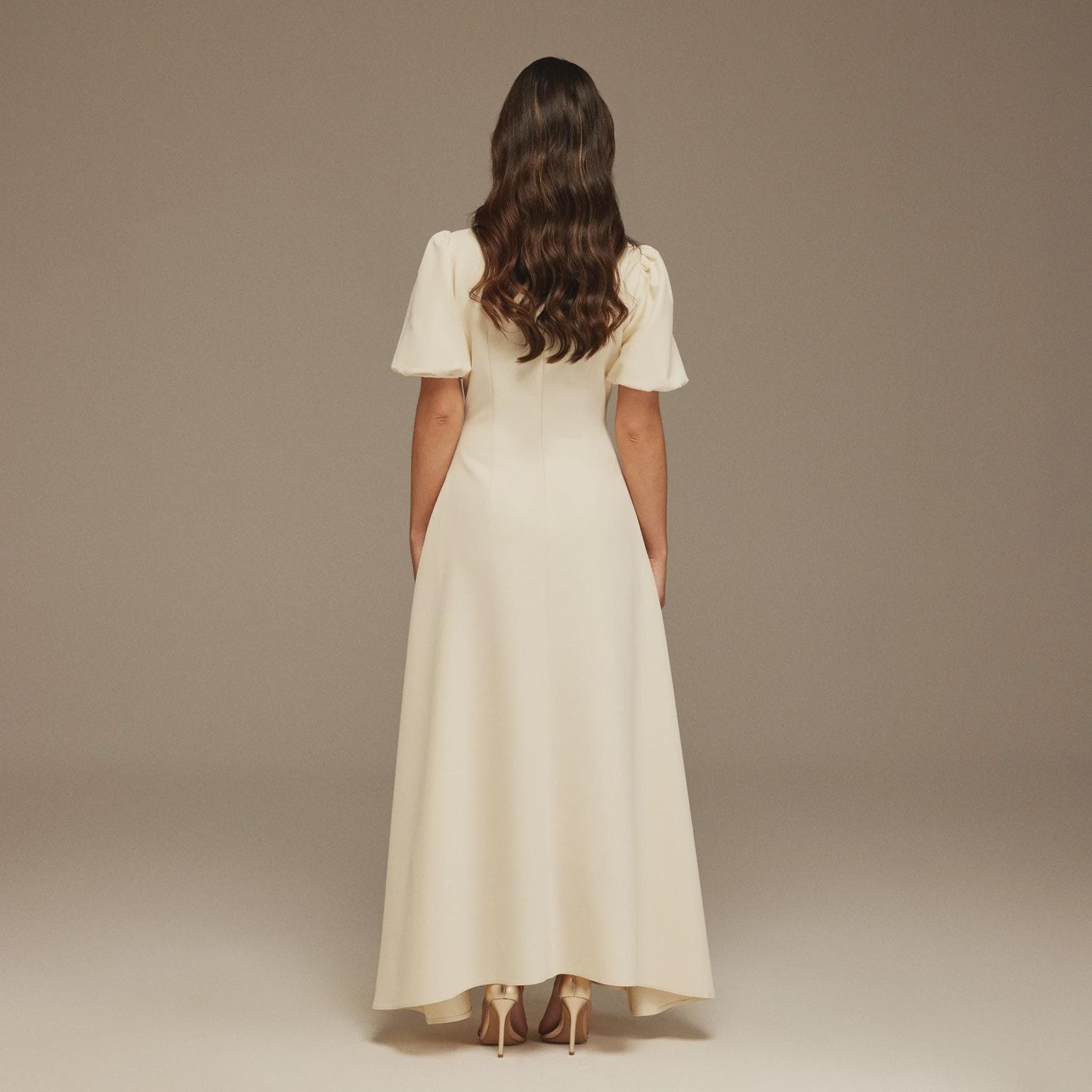 Short Puffy Sleeve Midi Crepe Dress| Tzinut Fashion | Modest Gown | Shabbat outfits | Custom made available | More colours available - image 4