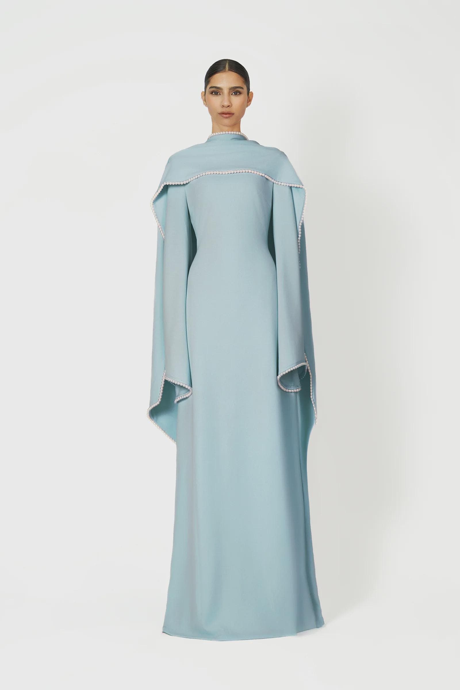 A-line pearl trimm Maxi Dress -  Baby Blue | Tzinut Fashion | Modest Gown | Shabbat outfits | Custom made available | More colours available - image 3