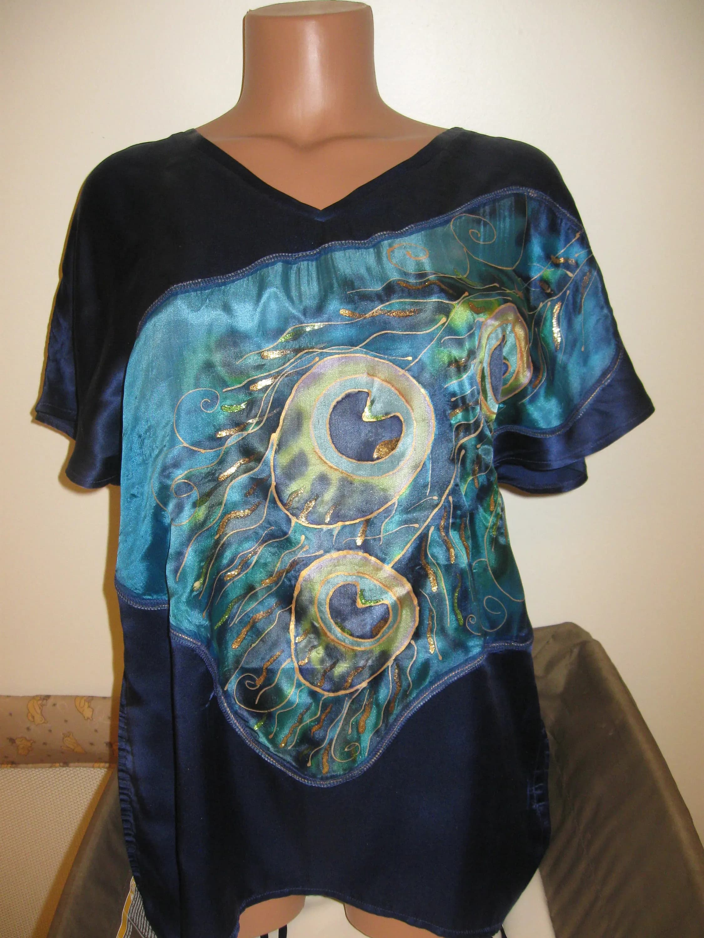 Handmade Silk Batik Blouse. Kazakh. Kazakhstan Designer. Unique. Size M/46