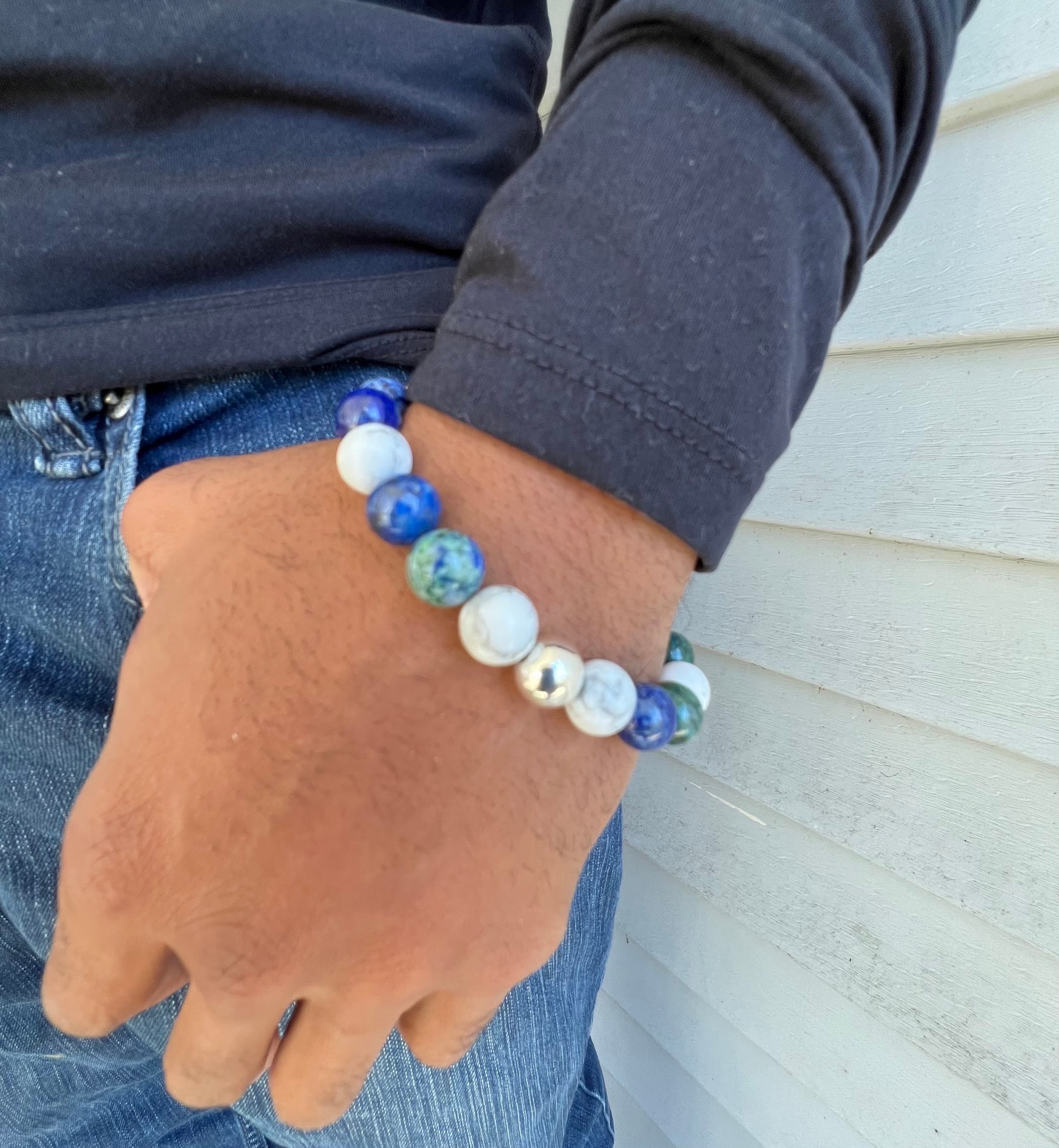 Men's Beaded Bracelet Lapis Lazuli Howlite-Natural Stone Bracelet for Men- Sterling Silver Bracelet-Gift for Him-Healing Stone Jewelry - image 4