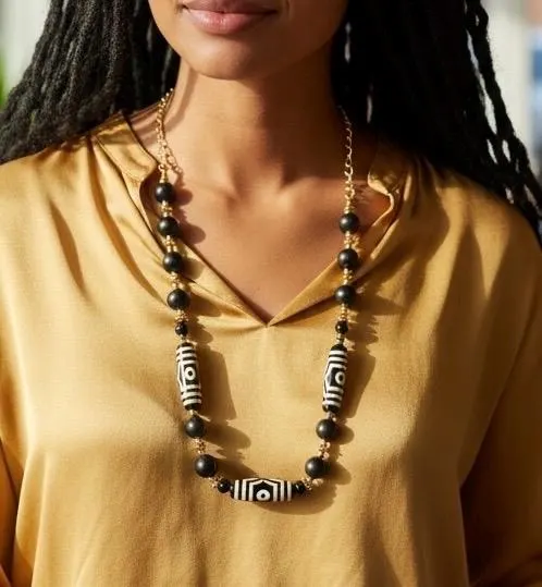 Handcrafted Black Dzi Agate Necklace | Bohemian Statement Jewelry | Matte Black & Gold Beaded Necklace - image 5