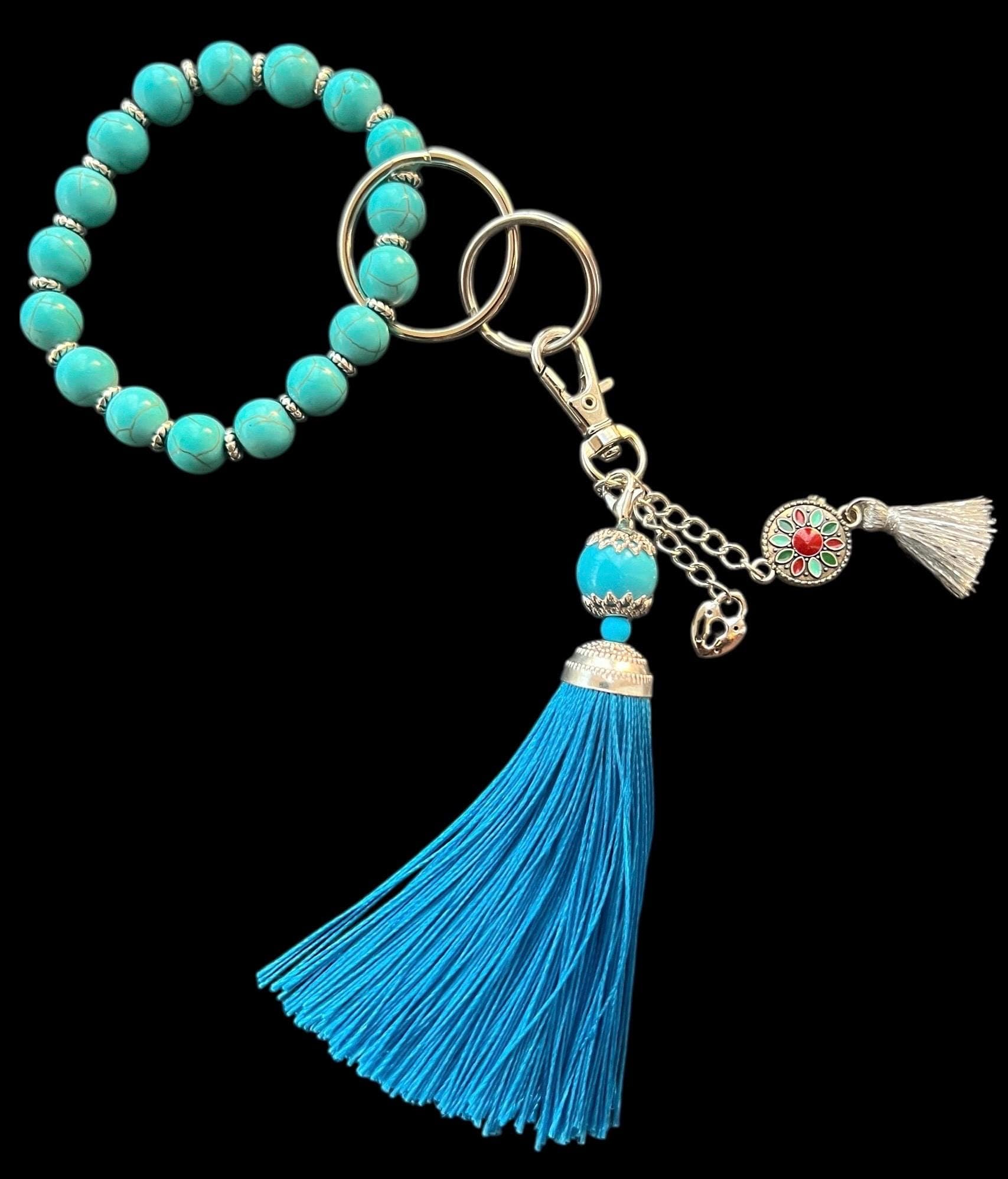 Stretch Beaded Keychain Bracelet-Wristlet Key Ring with Tassel and Charms-Handmade Gift for Women, Cute Accessories
