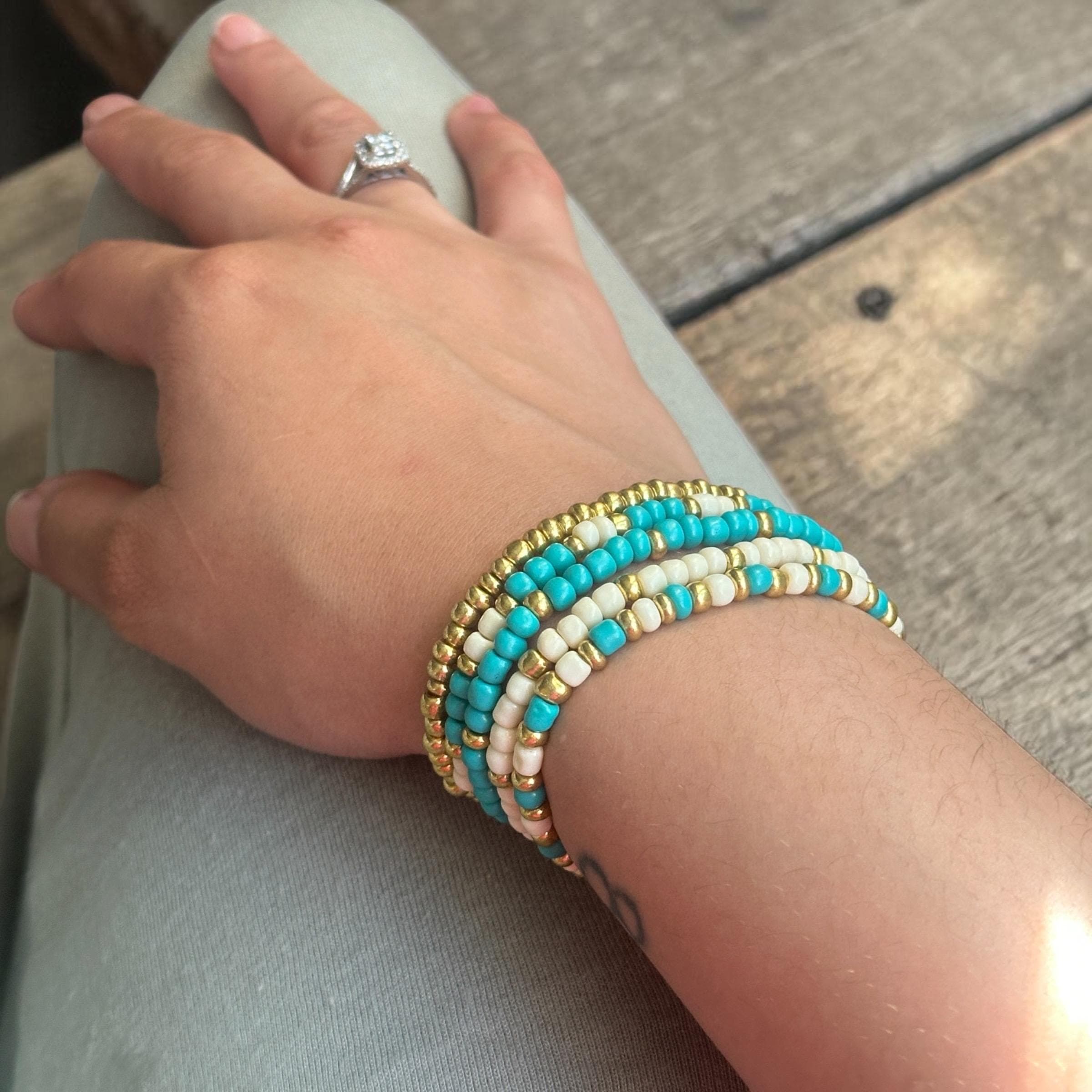 Handmade Seed Bead Bracelet Set: Turquoise, Cream, Gold Layered Stack - image 3