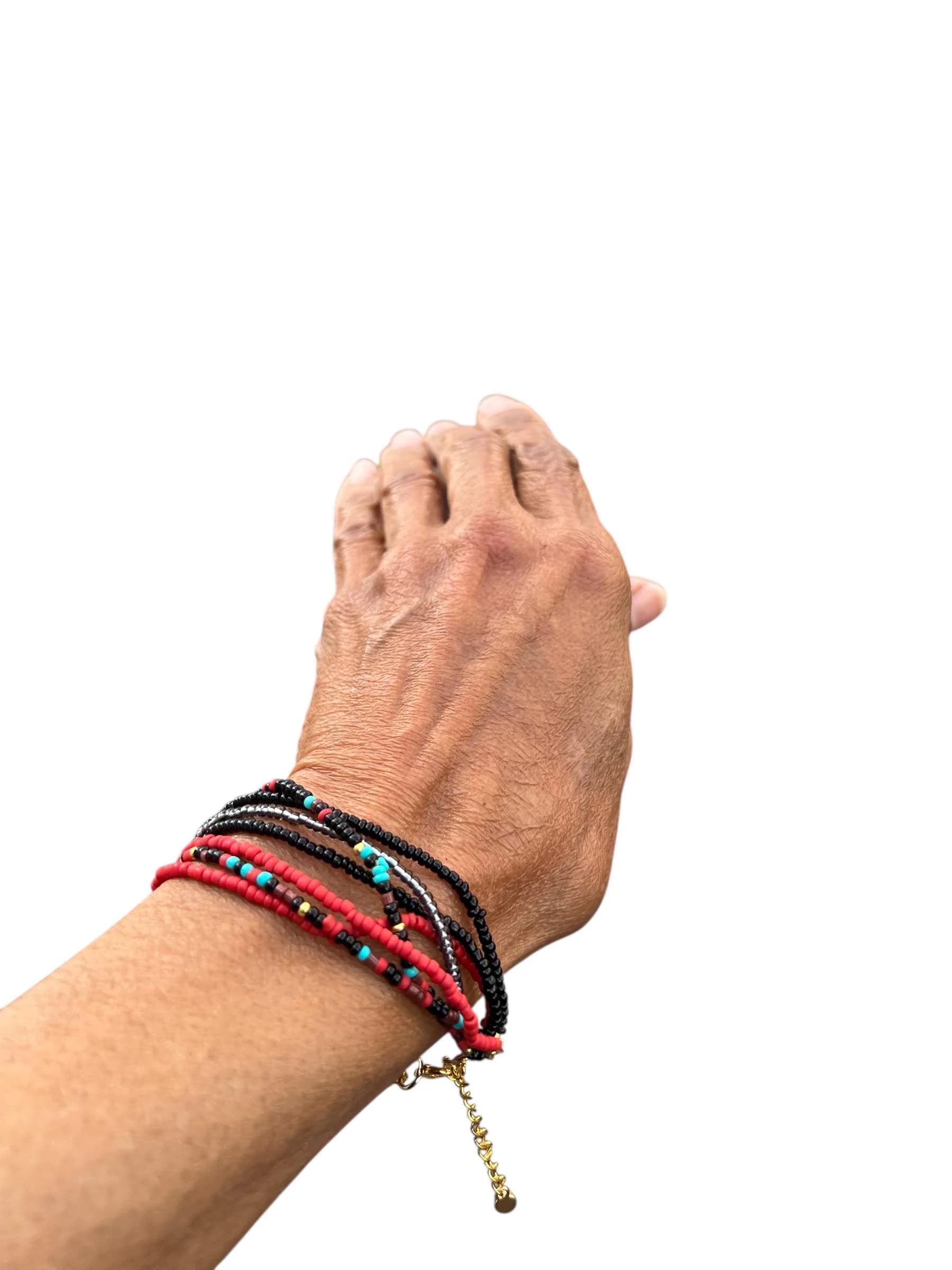 Handwoven Seed Bead Bracelet: Red, Turquoise, Silver, Black, Gold Clasp - image 2