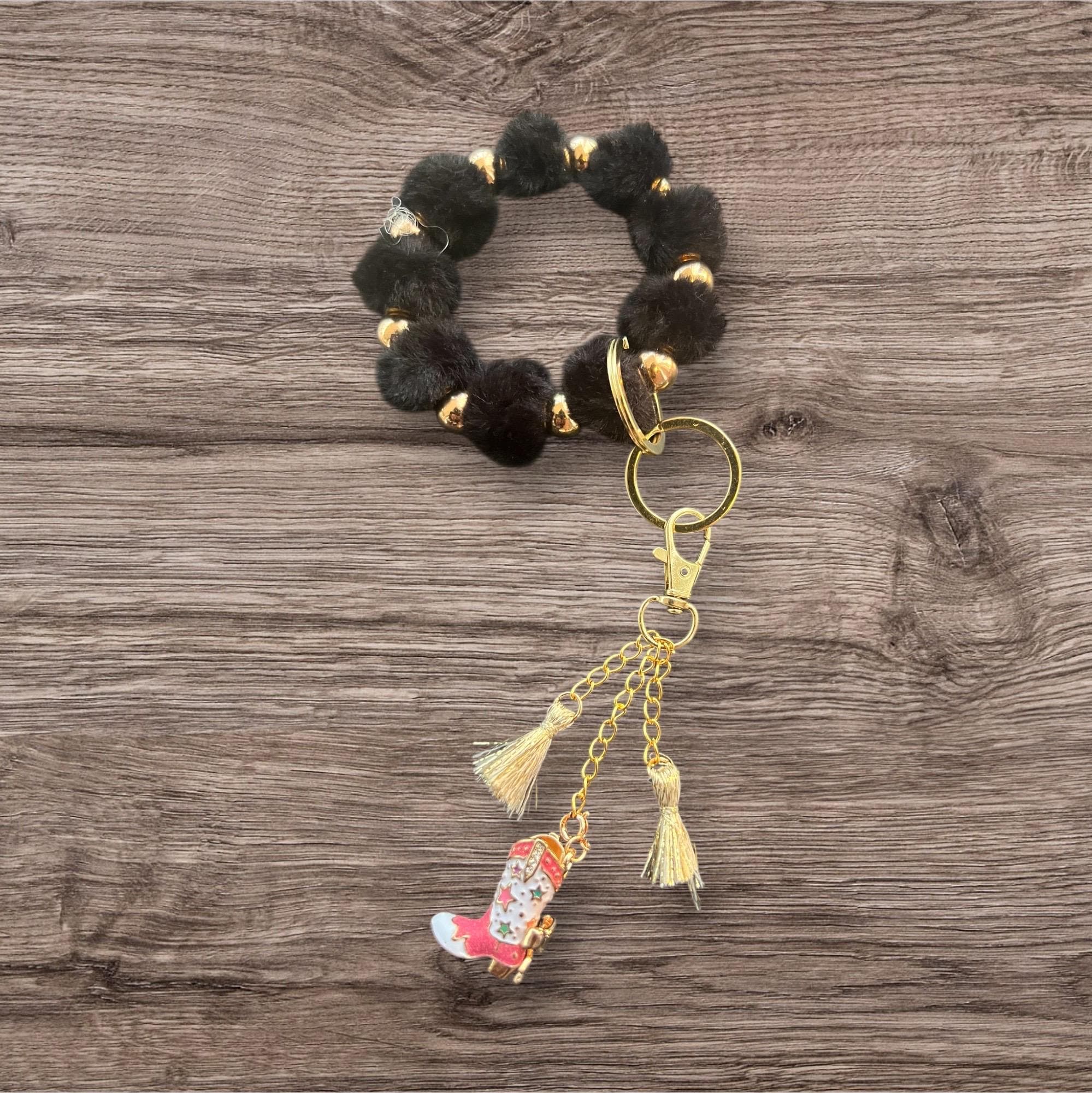 Stretch Beaded Bracelet Keychain with Tassel and Charm