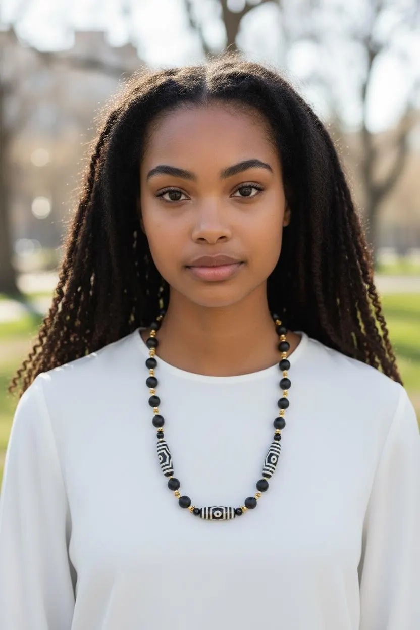 Handcrafted Black Dzi Agate Necklace | Bohemian Statement Jewelry | Matte Black & Gold Beaded Necklace - image 4