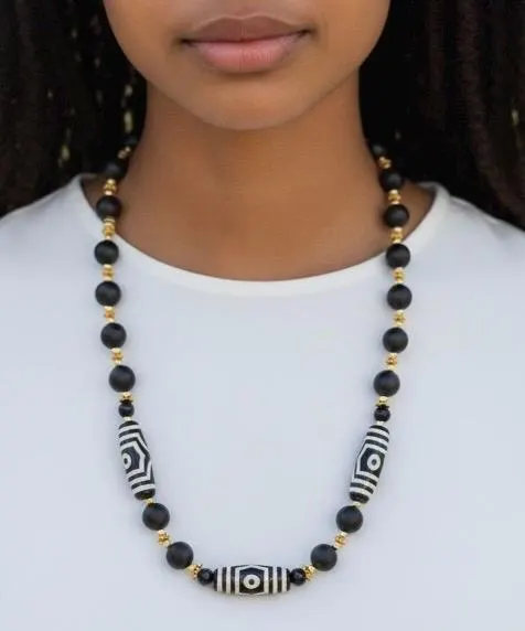 Handcrafted Black Dzi Agate Necklace | Bohemian Statement Jewelry | Matte Black & Gold Beaded Necklace - image 3