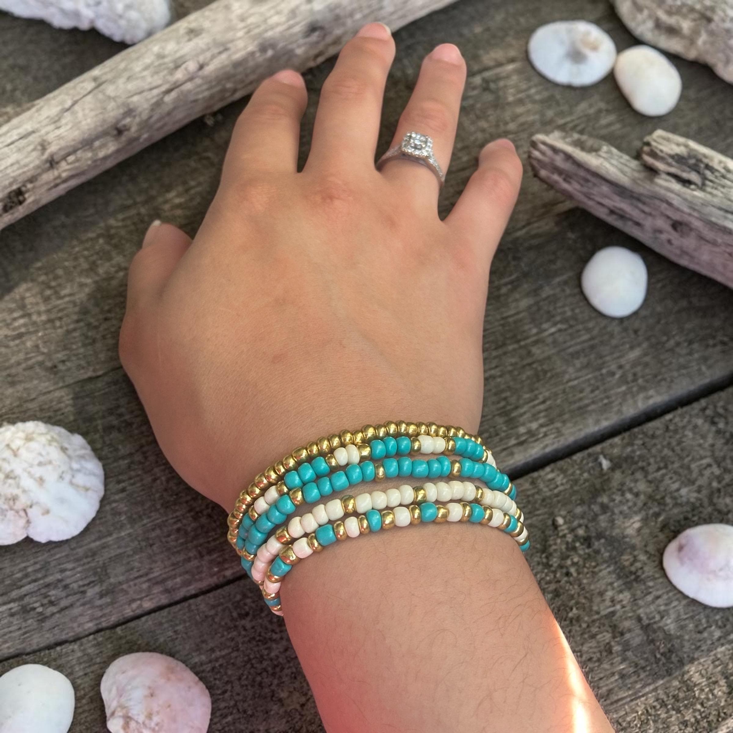 Handmade Seed Bead Bracelet Set: Turquoise, Cream, Gold Layered Stack