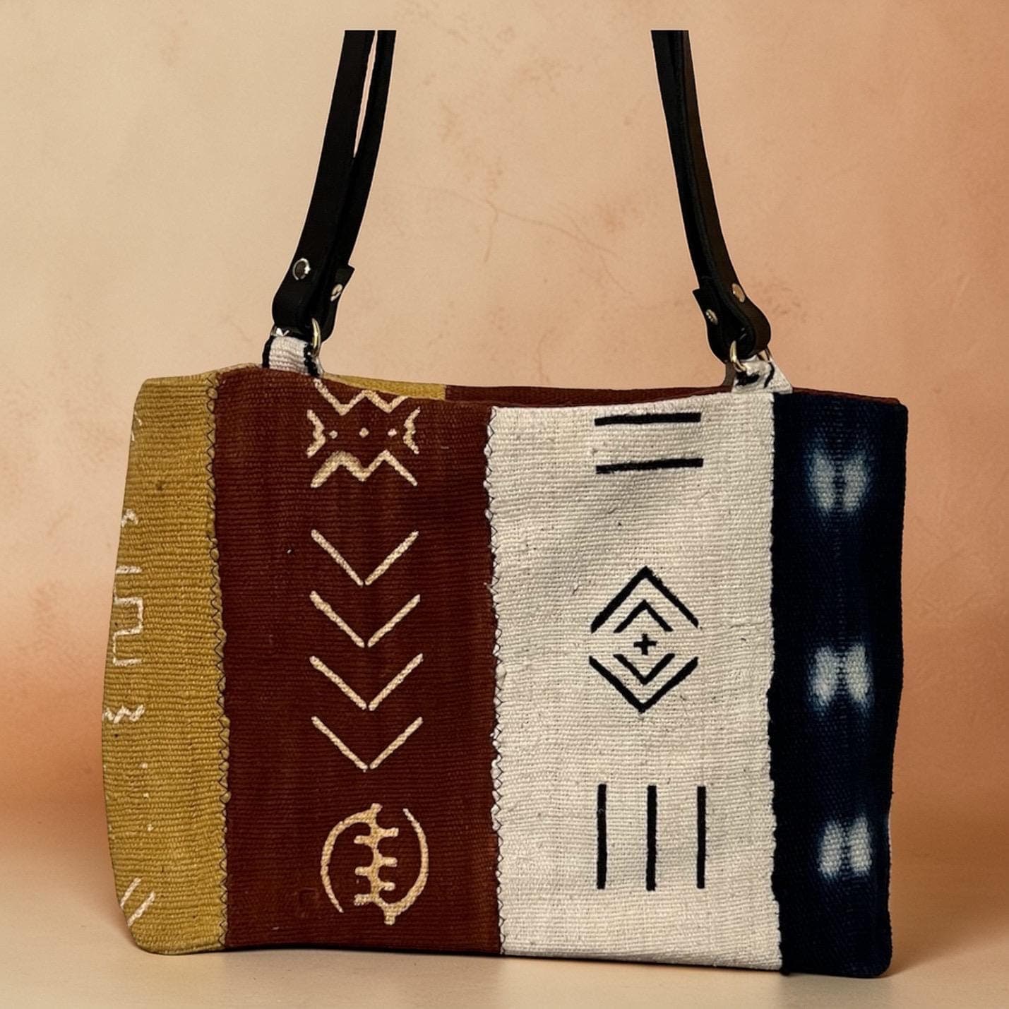 Mudcloth Tote Bag with Leather Straps-African Print Shoulder Bag-Handmade Large Tote-Boho Everyday Bag-Gift for Her