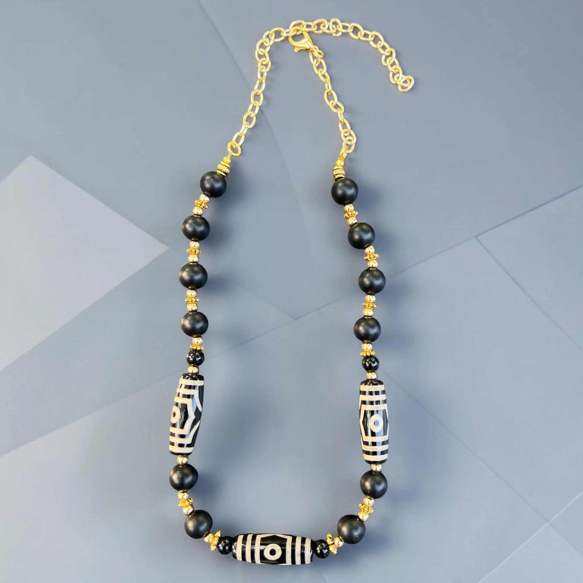 Handcrafted Black Dzi Agate Necklace | Bohemian Statement Jewelry | Matte Black & Gold Beaded Necklace