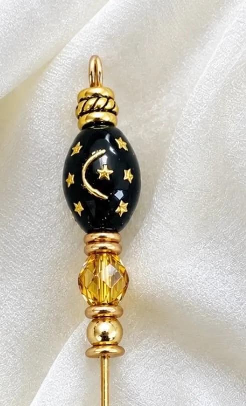 Black & Gold Crescent Moon and Stars Hijab Pin | Handmade Celestial Stick Pin | Elegant Muslim Gift - image 2