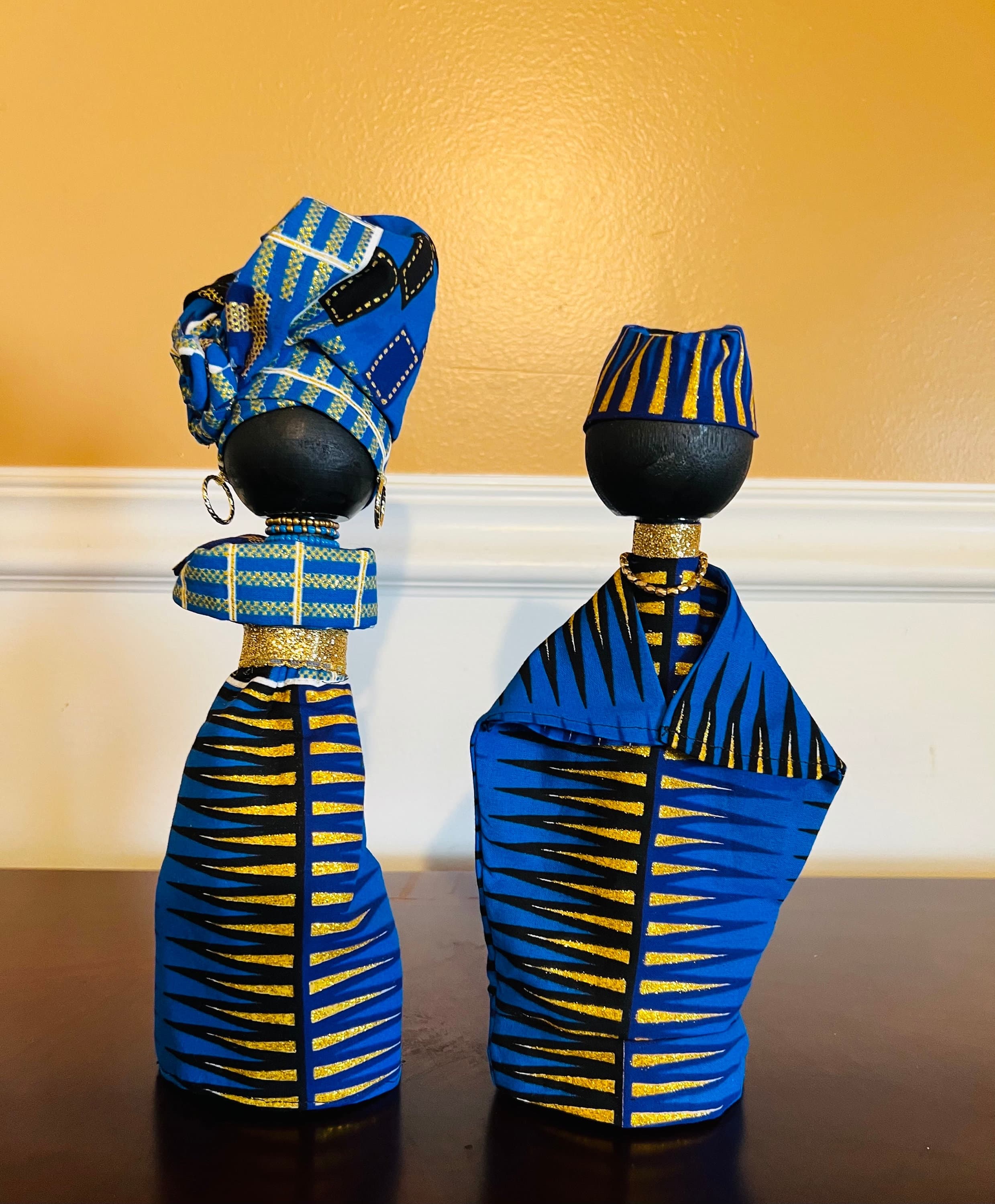 Cultural Pride Holiday Wooden African Peg Dolls in Authentic Kente Fabric