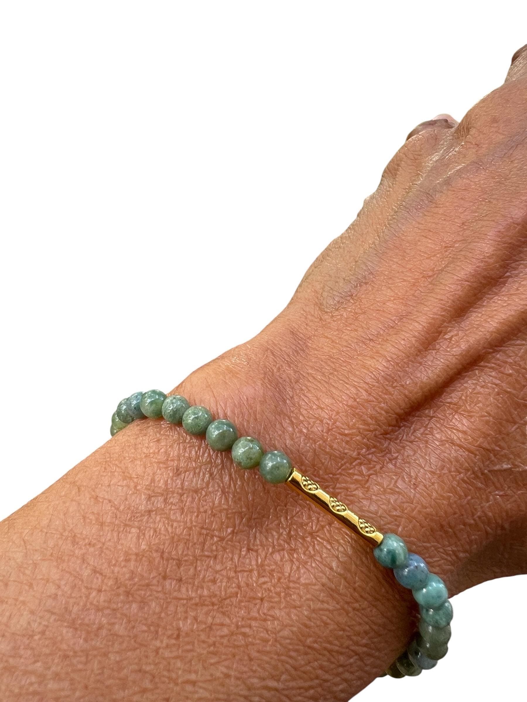 Green Agate & Gold Beaded Bracelet, Minimalist Stretch Bracelet, Natural Stone Jewelry, Stackable Bracelet, Elegant Everyday Jewelry - image 5