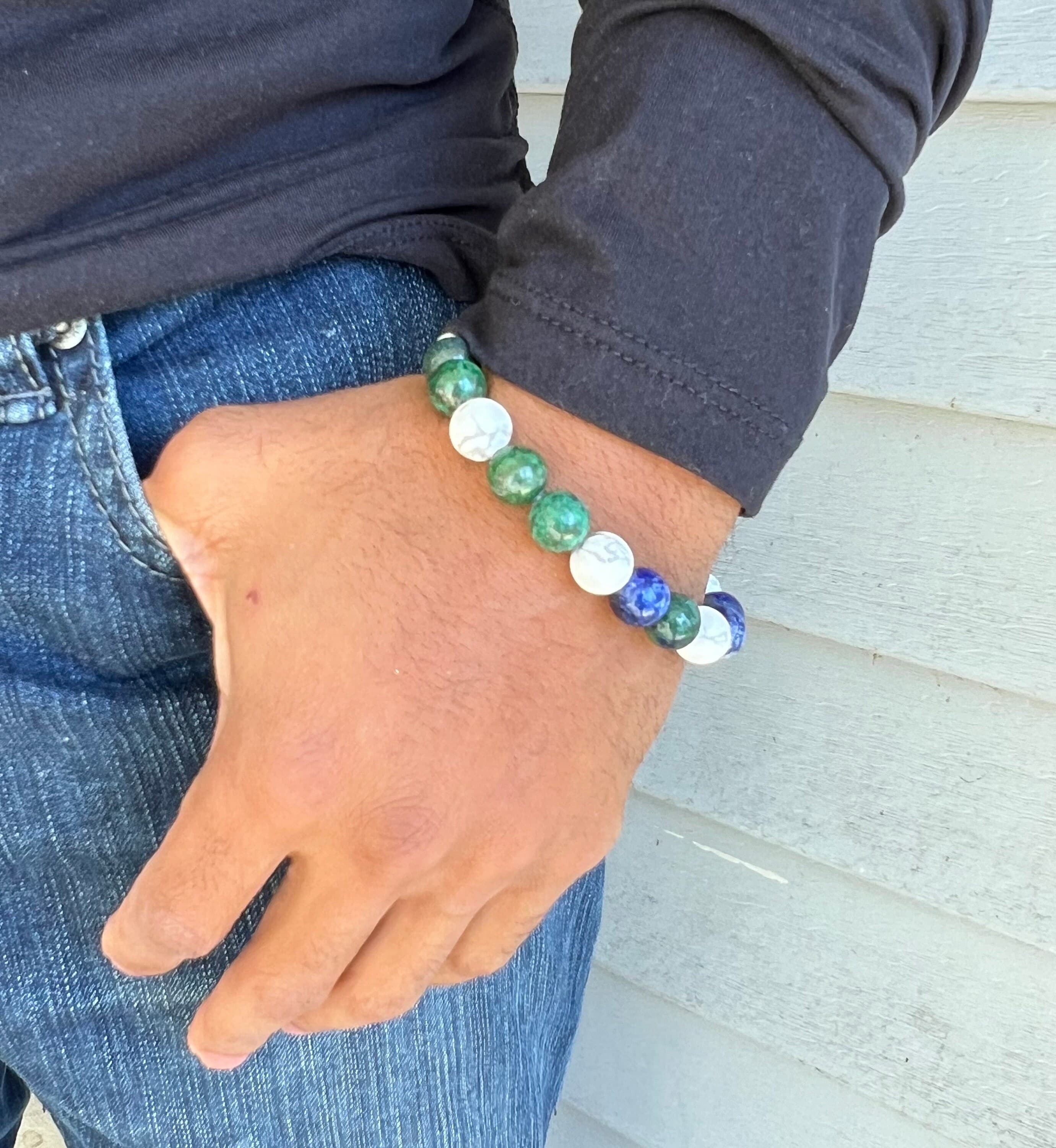 Men's Beaded Bracelet Lapis Lazuli Howlite-Natural Stone Bracelet for Men- Sterling Silver Bracelet-Gift for Him-Healing Stone Jewelry - image 3