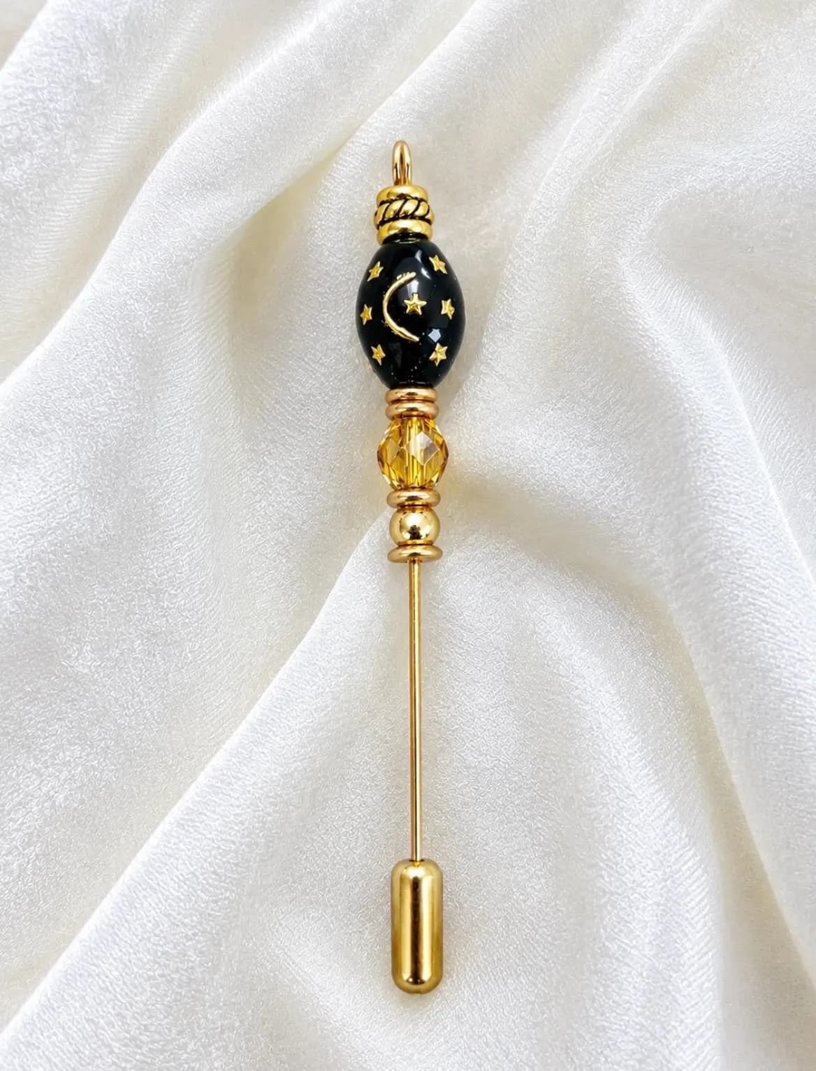 Black & Gold Crescent Moon and Stars Hijab Pin | Handmade Celestial Stick Pin | Elegant Muslim Gift