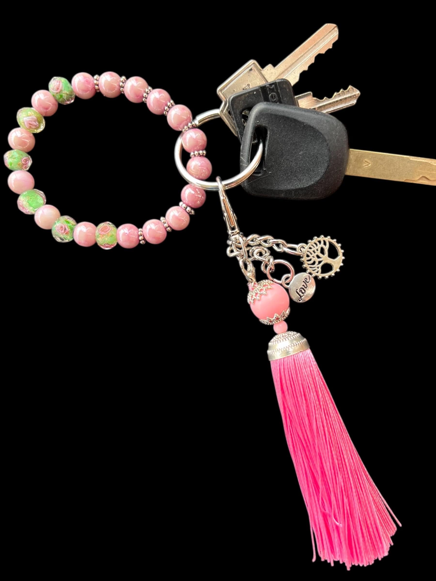 Beaded Keychain Bracelet with Tassel-Charm Keychain-Stretch Wristlet Key Ring-Handmade Charm Keychain-Gift for Her-Cute Accessories - image 3