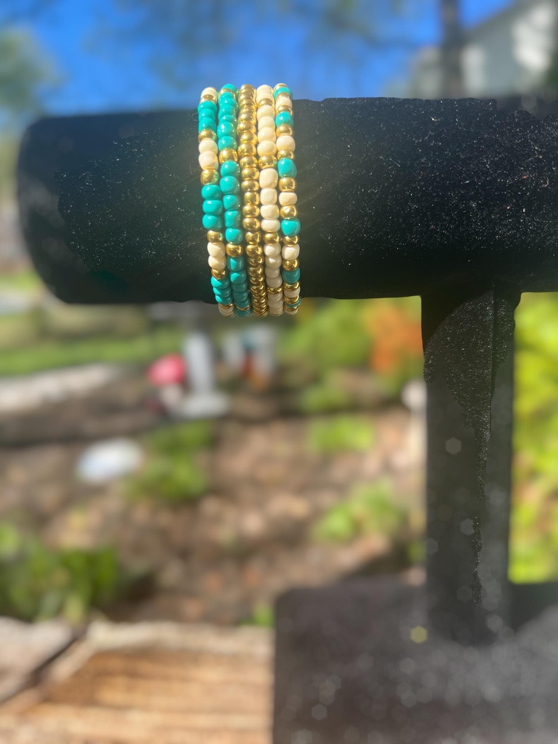 Handmade Seed Bead Bracelet Set: Turquoise, Cream, Gold Layered Stack - image 5