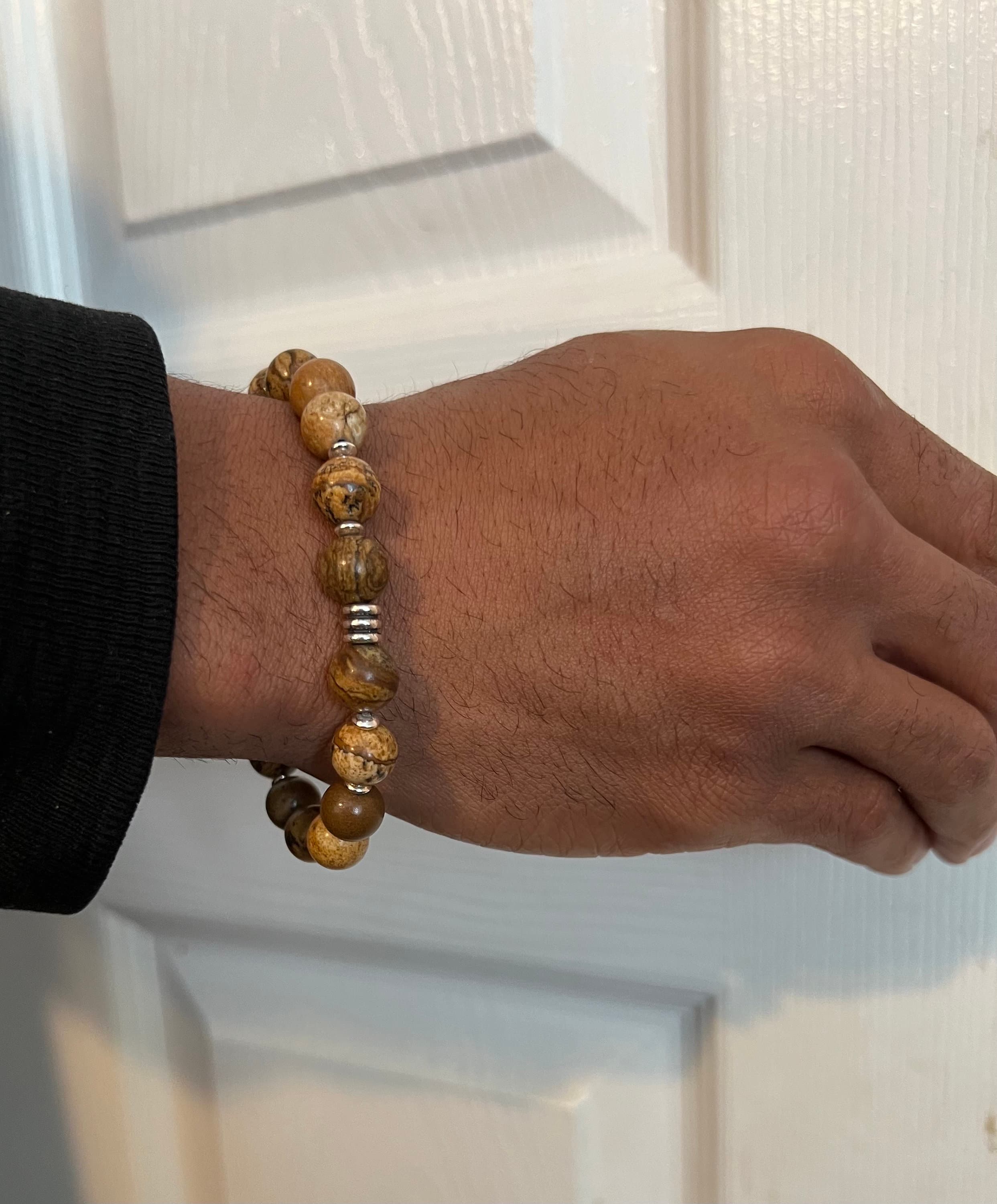 Men's Beaded Bracelet- Natural Stone Bracelet- Picture Jasper Bracelet-Sterling Silver-Men's Beaded Jewelry-Healing Stone-Gift for Him