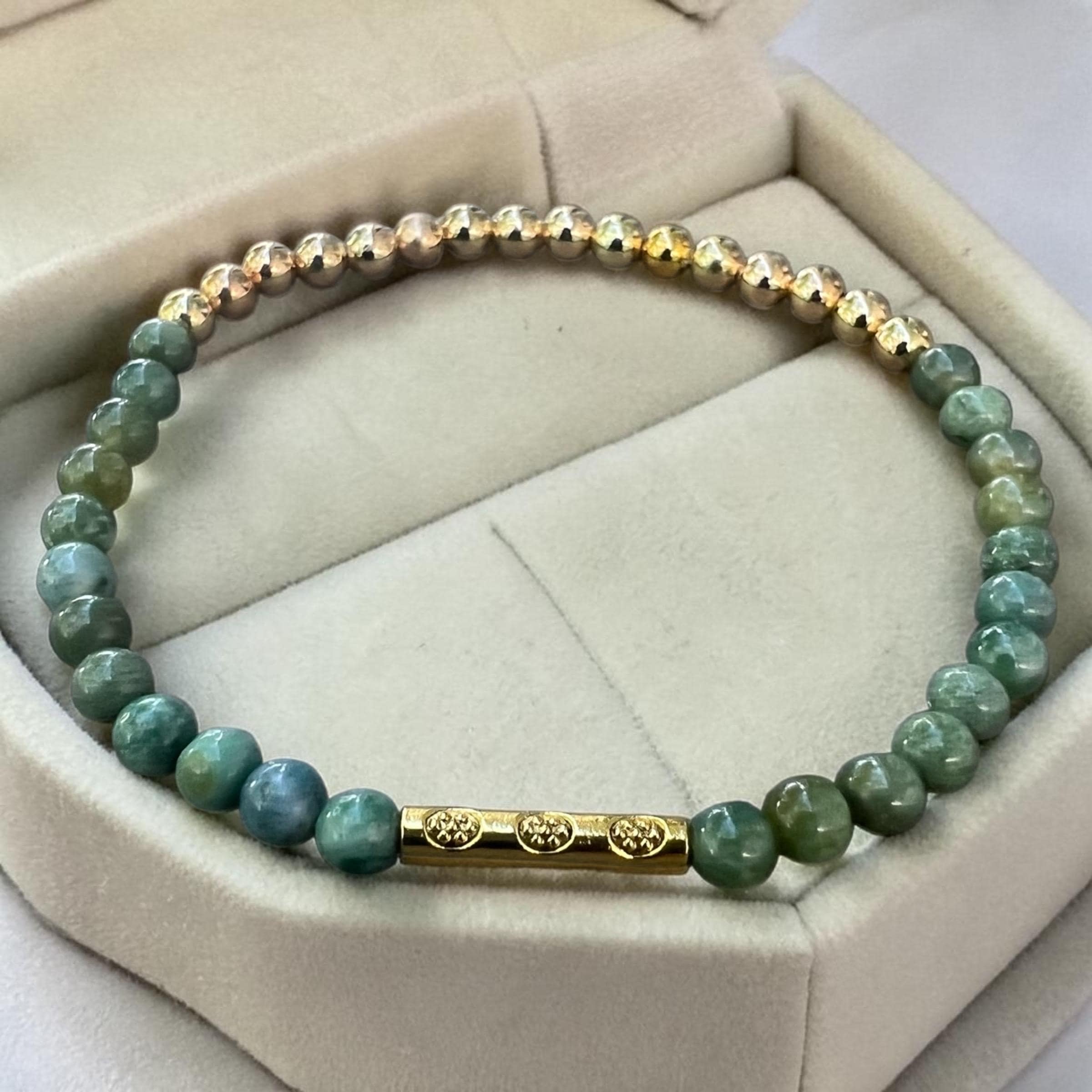 Green Agate & Gold Beaded Bracelet, Minimalist Stretch Bracelet, Natural Stone Jewelry, Stackable Bracelet, Elegant Everyday Jewelry - image 3