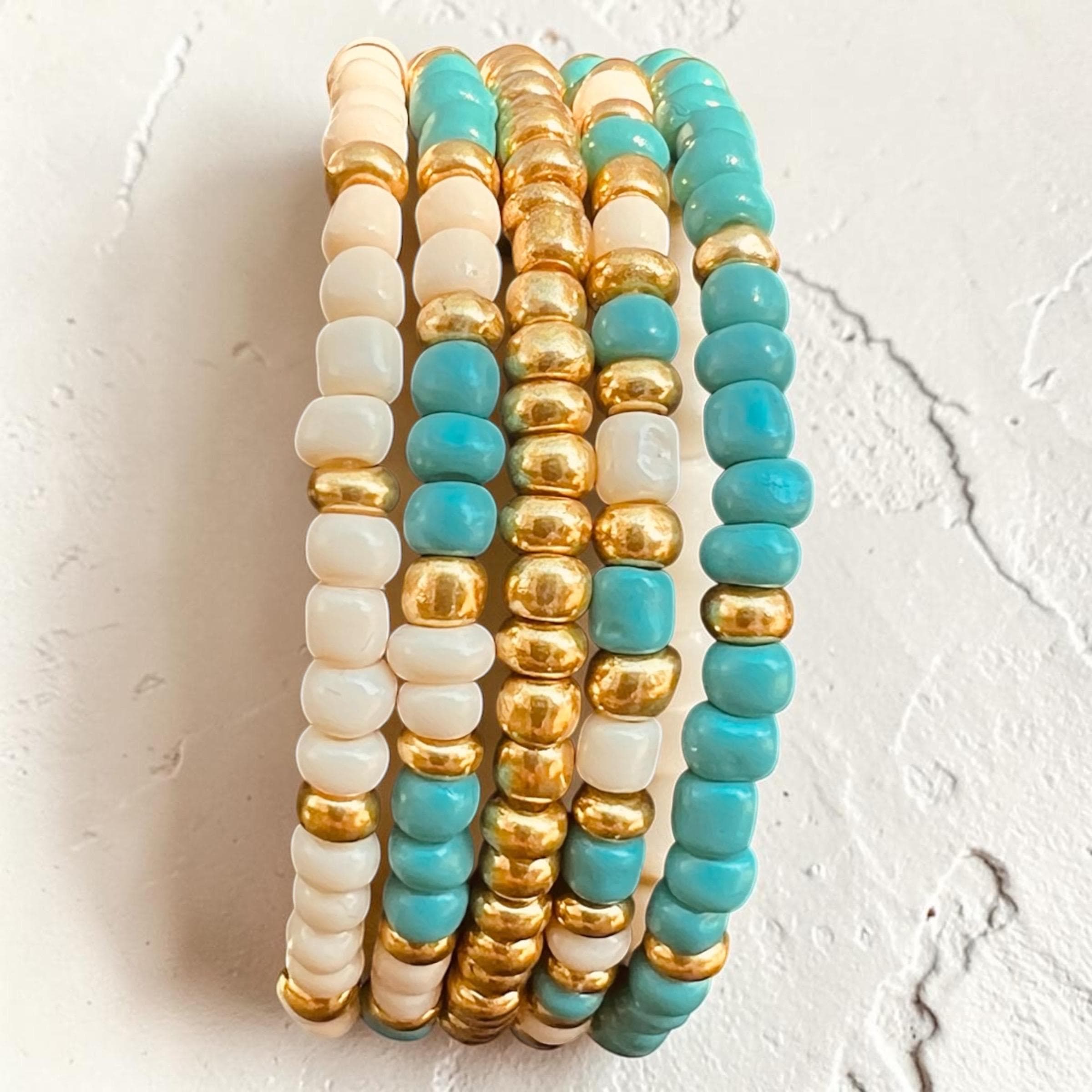 Handmade Seed Bead Bracelet Set: Turquoise, Cream, Gold Layered Stack - image 4