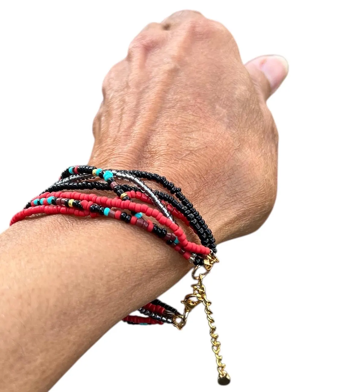 Handwoven Seed Bead Bracelet: Red, Turquoise, Silver, Black, Gold Clasp - image 3