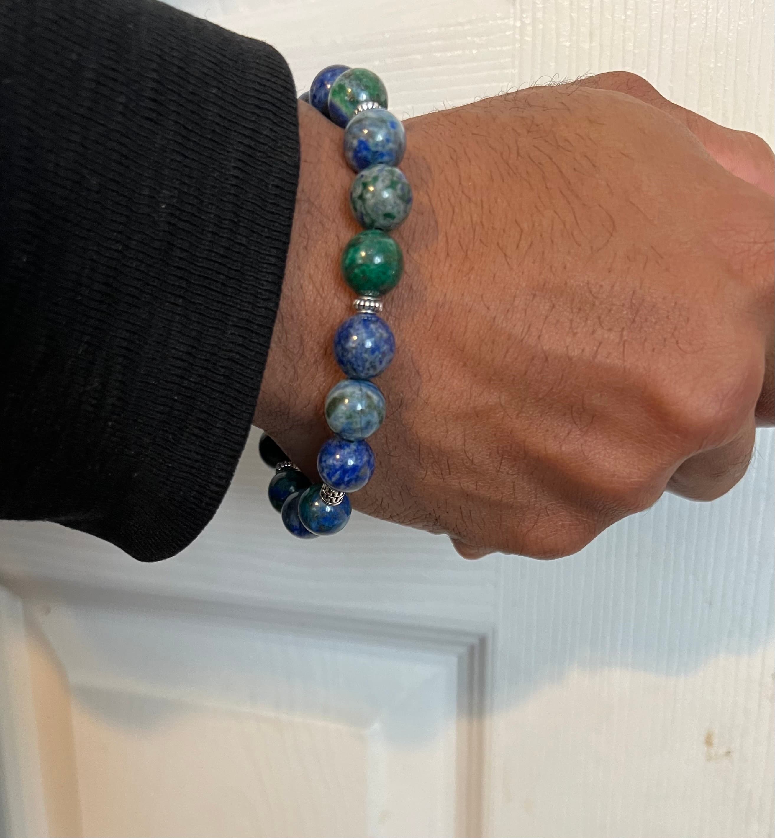 Men's Beaded Stretch Bracelet: Sterling Silver, Gemstone Beaded Stretch