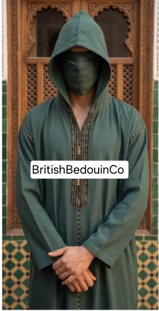 Moroccan Djellaba: Green Hooded Jalabiya, Size 53"