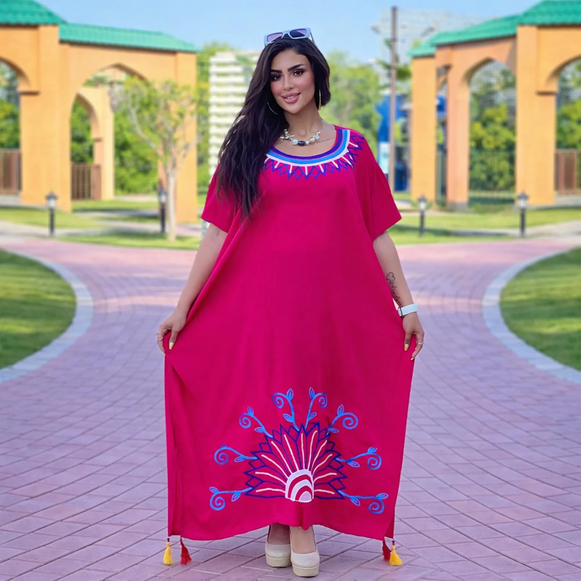 Women Linen Kaftan Full Length Embroidery Abaya, Loose Fit Maxi Caftan with inner belt - image 5