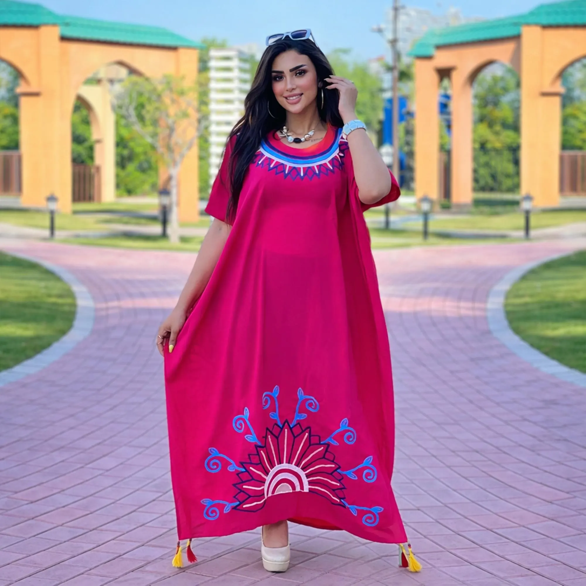 Women Linen Kaftan Full Length Embroidery Abaya, Loose Fit Maxi Caftan with inner belt - image 4