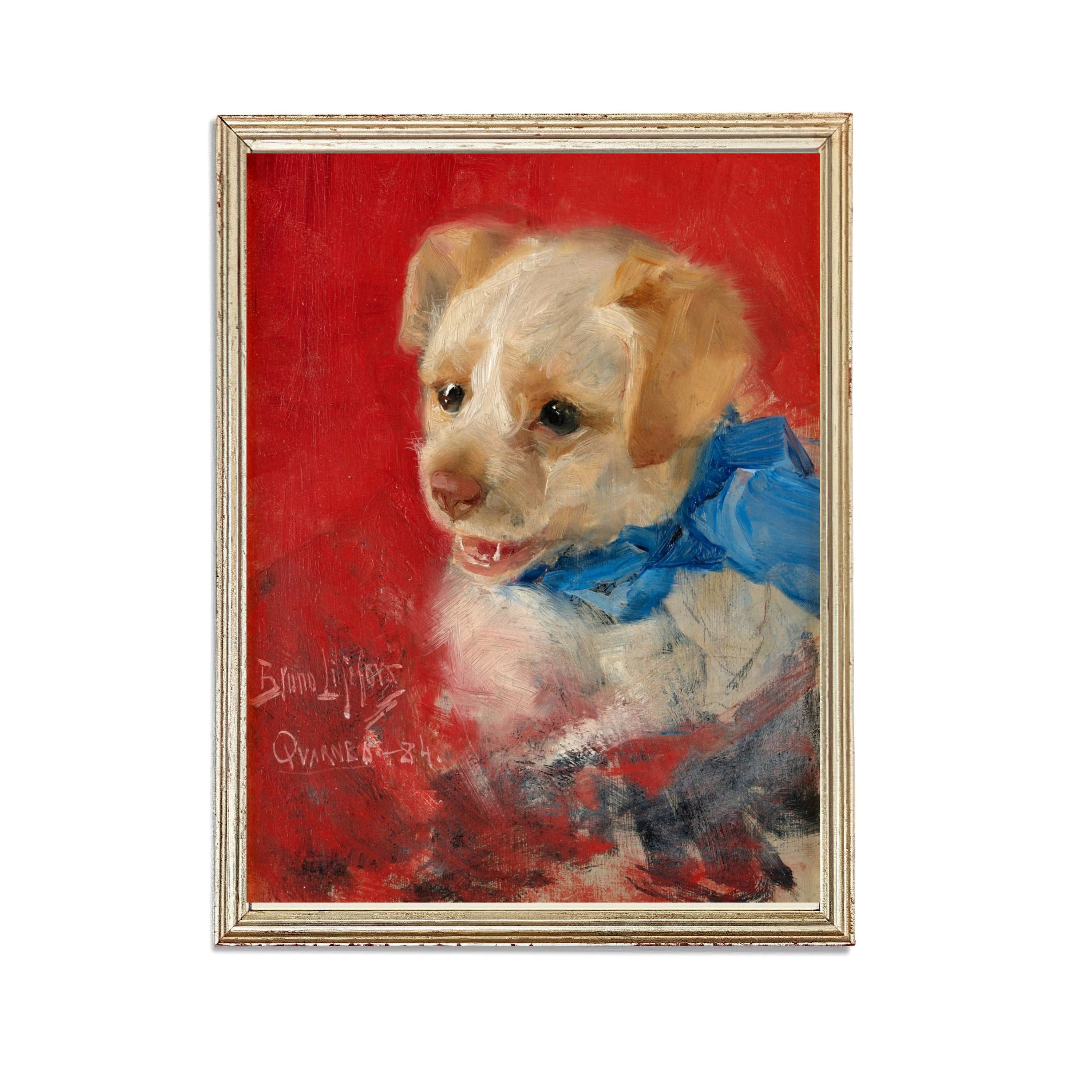 Vintage Puppy with Blue Scarf Painting | Antique Animal Portrait Artwork | Classic Cute Dog Poster | 19th Century Art Print | PRINTABLE art