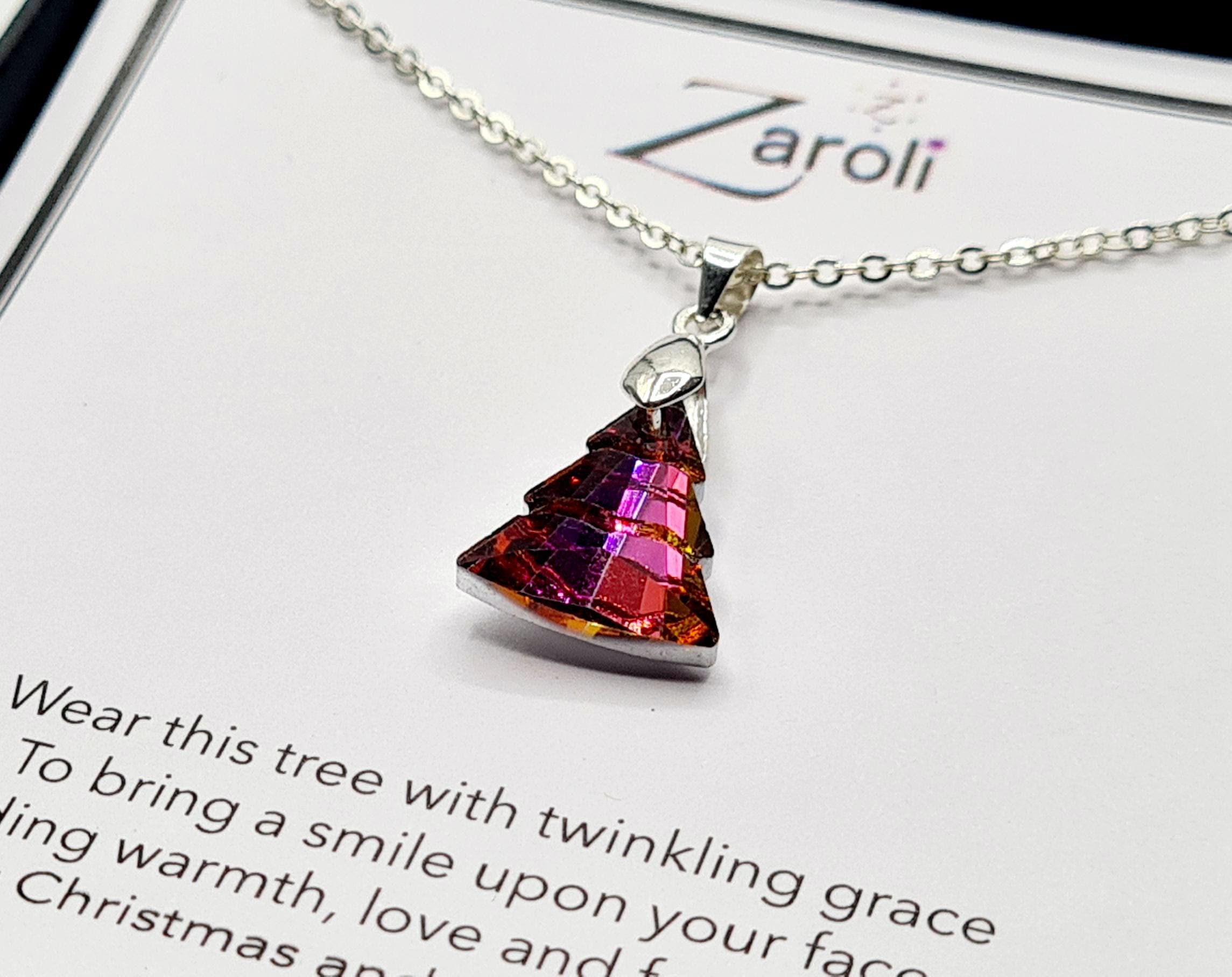 Iridescent Glass Crystal Christmas Tree Pendant Necklace, Christmas Gift on Poem Card, Deep Pink and Orange Hues - image 3