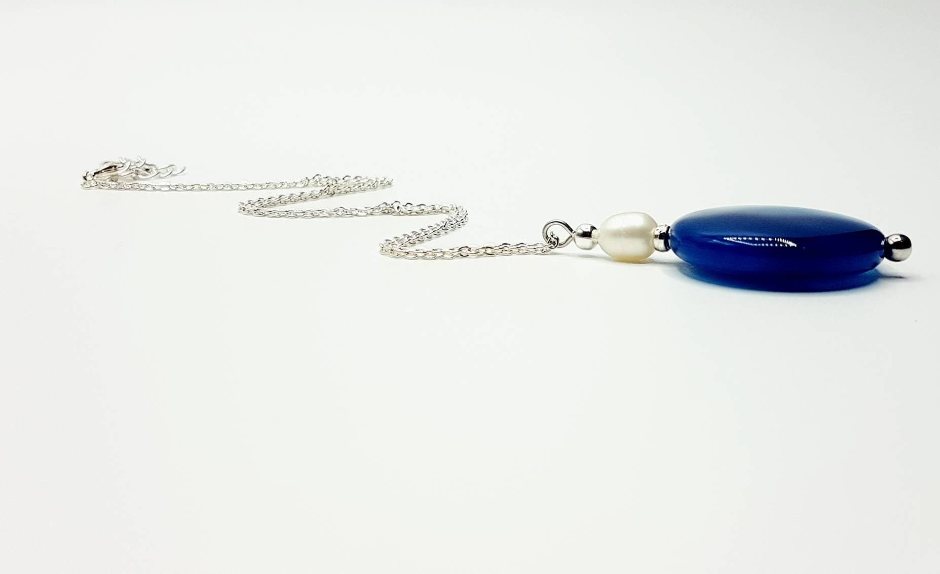 Blue Agate & Pearl Necklace, Natural Gemstone Pendant - image 3