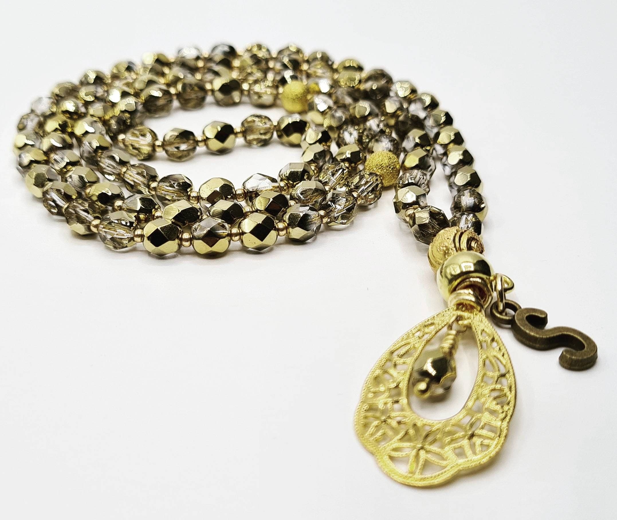 Personalized Gold Czech Crystal Tasbih, Prayer Beads, Tasbeeh, Misbah
