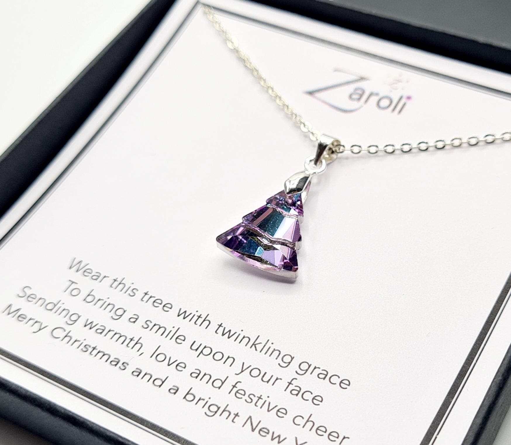 Iridescent Glass Crystal Christmas Tree Pendant Necklace, Christmas Gift on Poem Card, Pink and Blue Hues - image 3