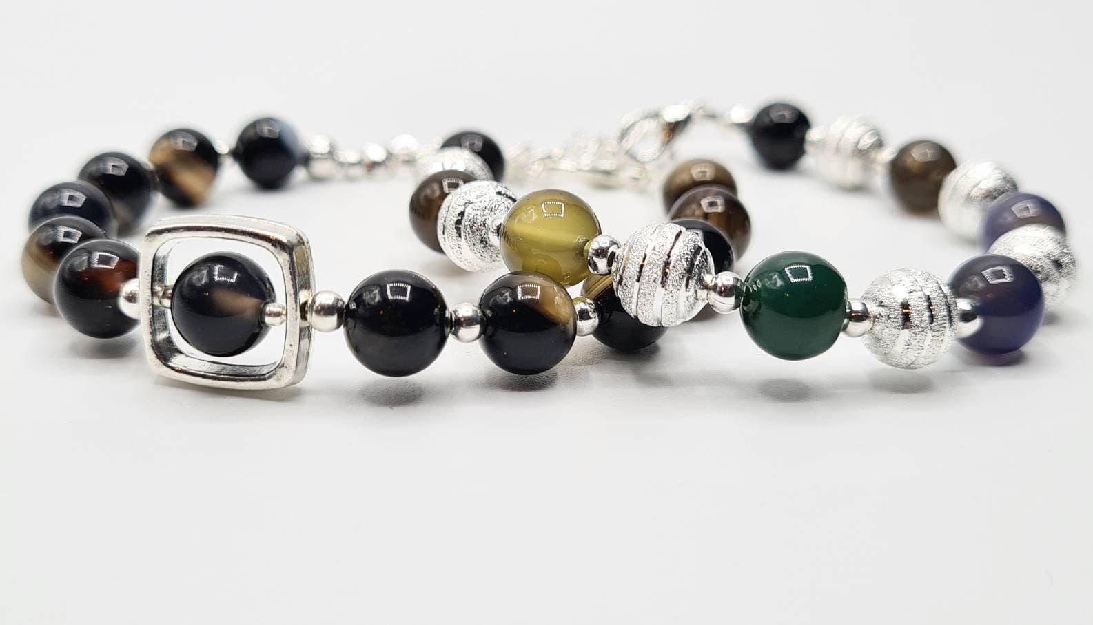 Agate Bracelet Set of 2:  Multicolour & Black Natural Gemstone Beaded Bracelets - image 3