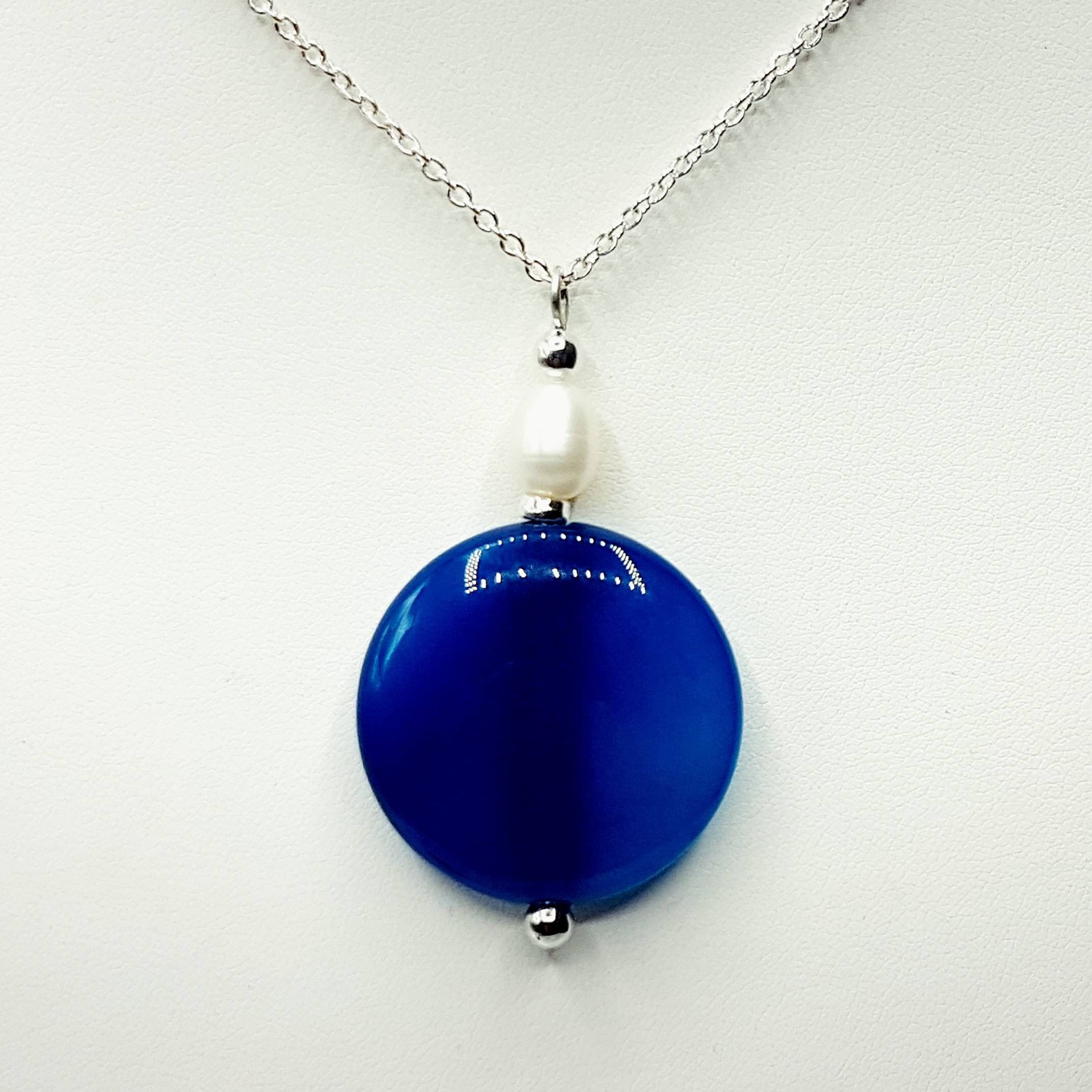 Blue Agate & Pearl Necklace, Natural Gemstone Pendant - image 5