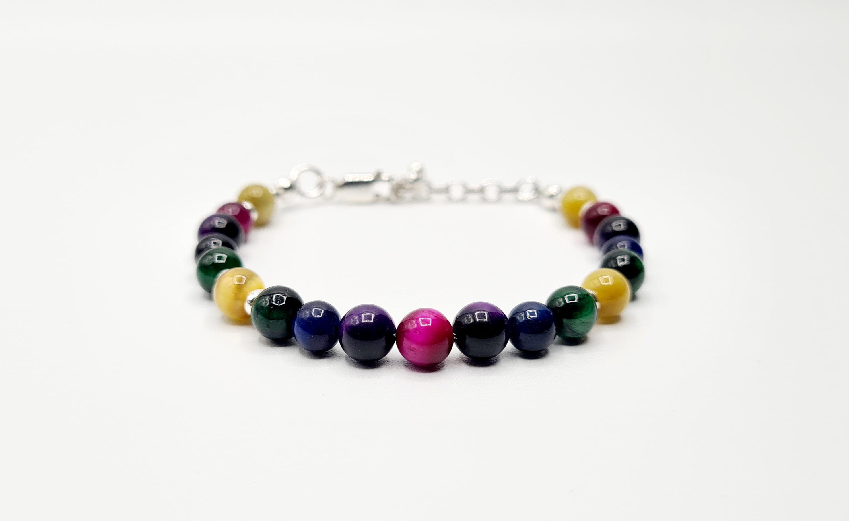 Multicolor Tiger's Eye Bracelet in Sterling Silver, Natural Gemstone, Reiki Infused Bracelet, Healing Jewellery