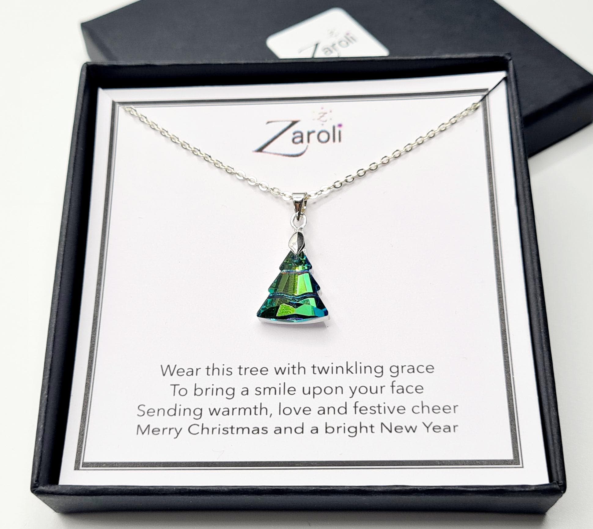 Iridescent Glass Crystal Christmas Tree Pendant Necklace, Christmas Gift on Poem Card, Green