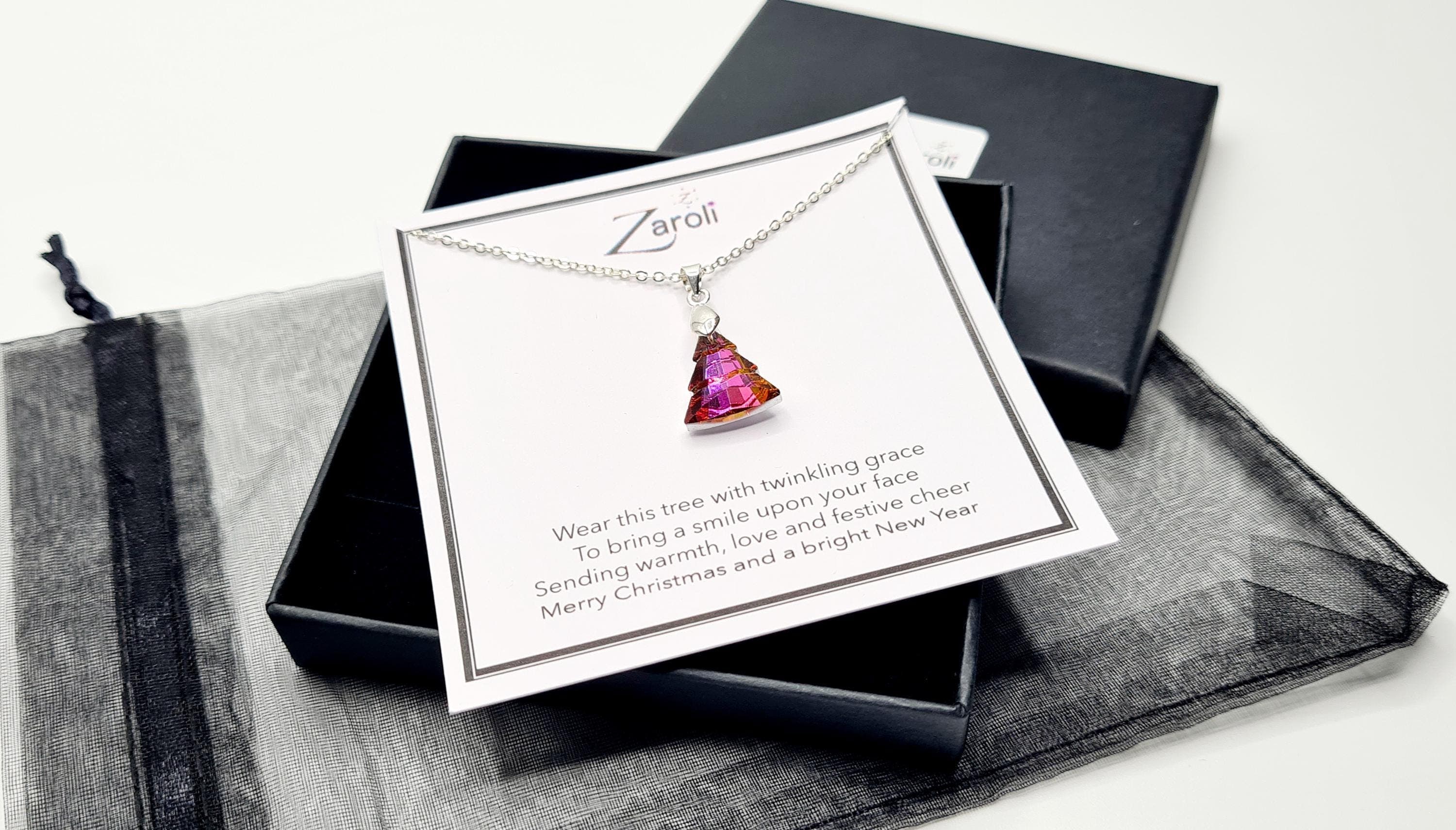 Iridescent Glass Crystal Christmas Tree Pendant Necklace, Christmas Gift on Poem Card, Deep Pink and Orange Hues - image 4