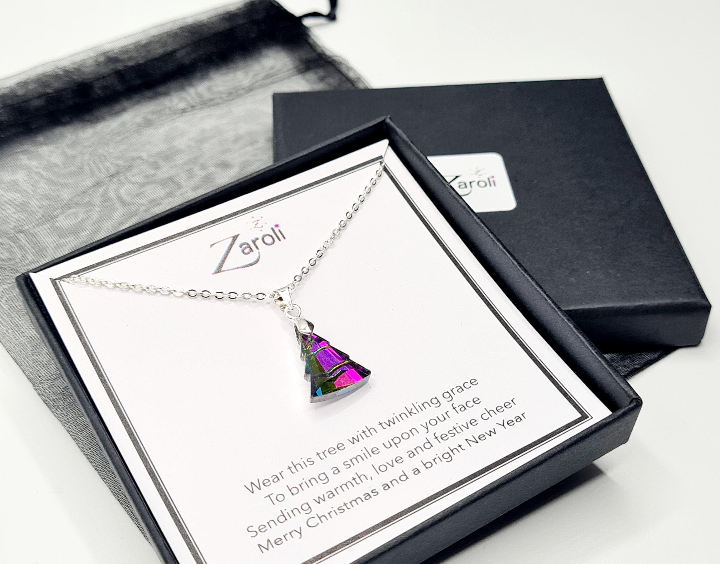 Iridescent Glass Crystal Christmas Tree Pendant Necklace, Christmas Gift on Poem Card - image 3