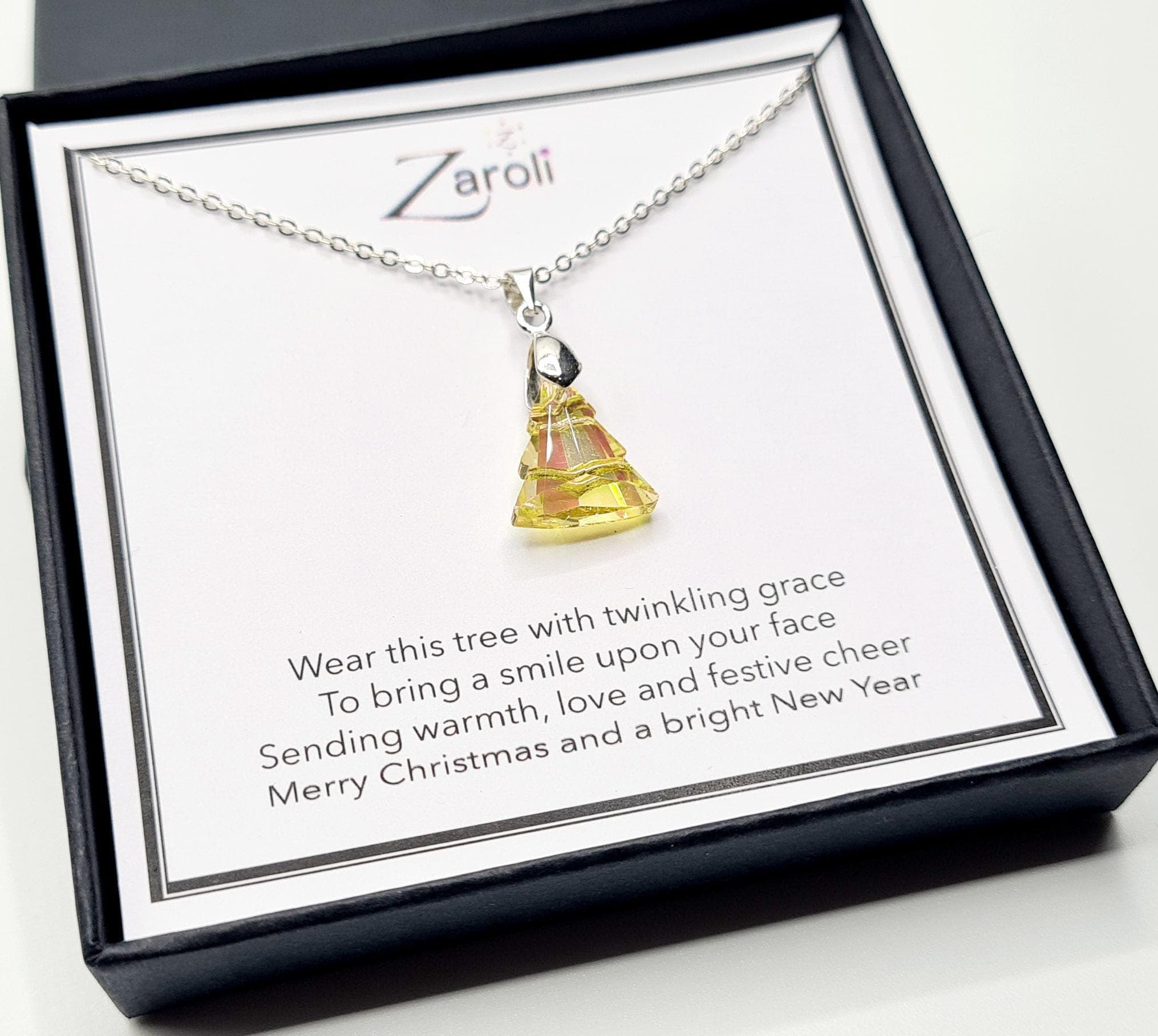 Iridescent Glass Crystal Christmas Tree Pendant Necklace, Christmas Gift on Poem Card, Golden - image 3