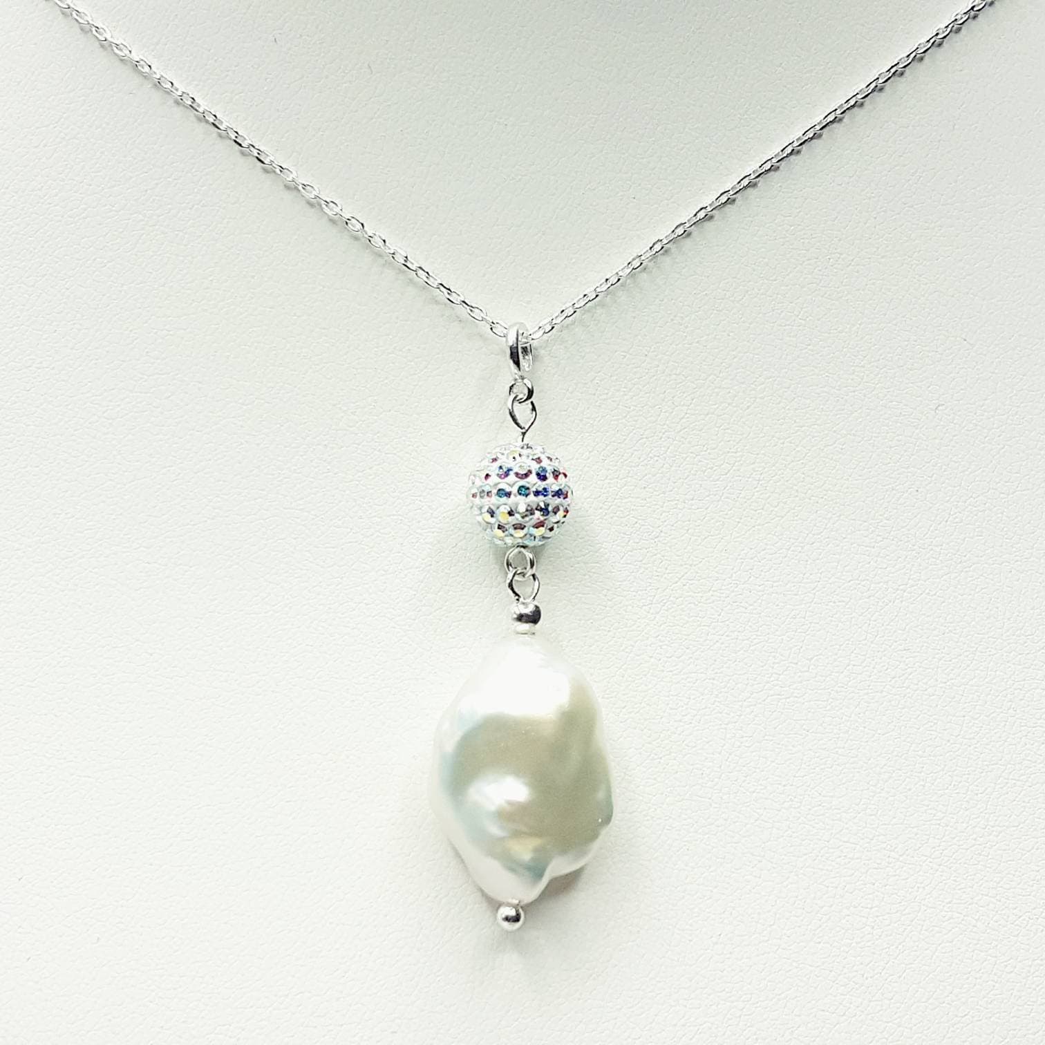 Baroque Pearl & Austrian Crystal Pave Necklace in Sterling Silver