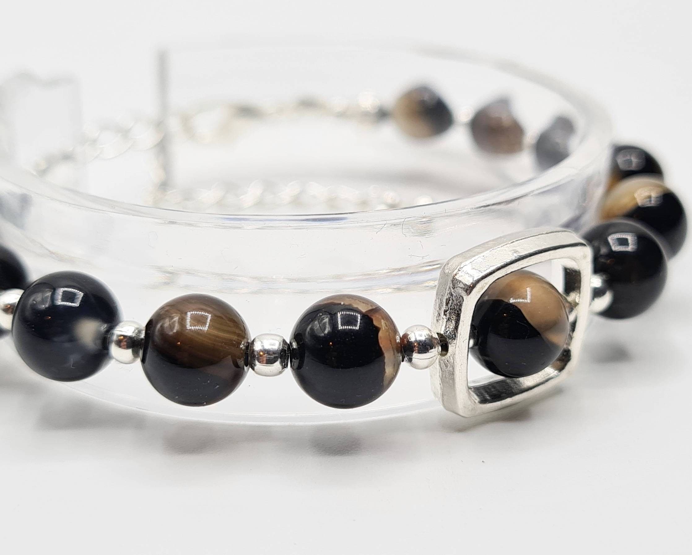 Agate Bracelet Set of 2:  Multicolour & Black Natural Gemstone Beaded Bracelets - image 4