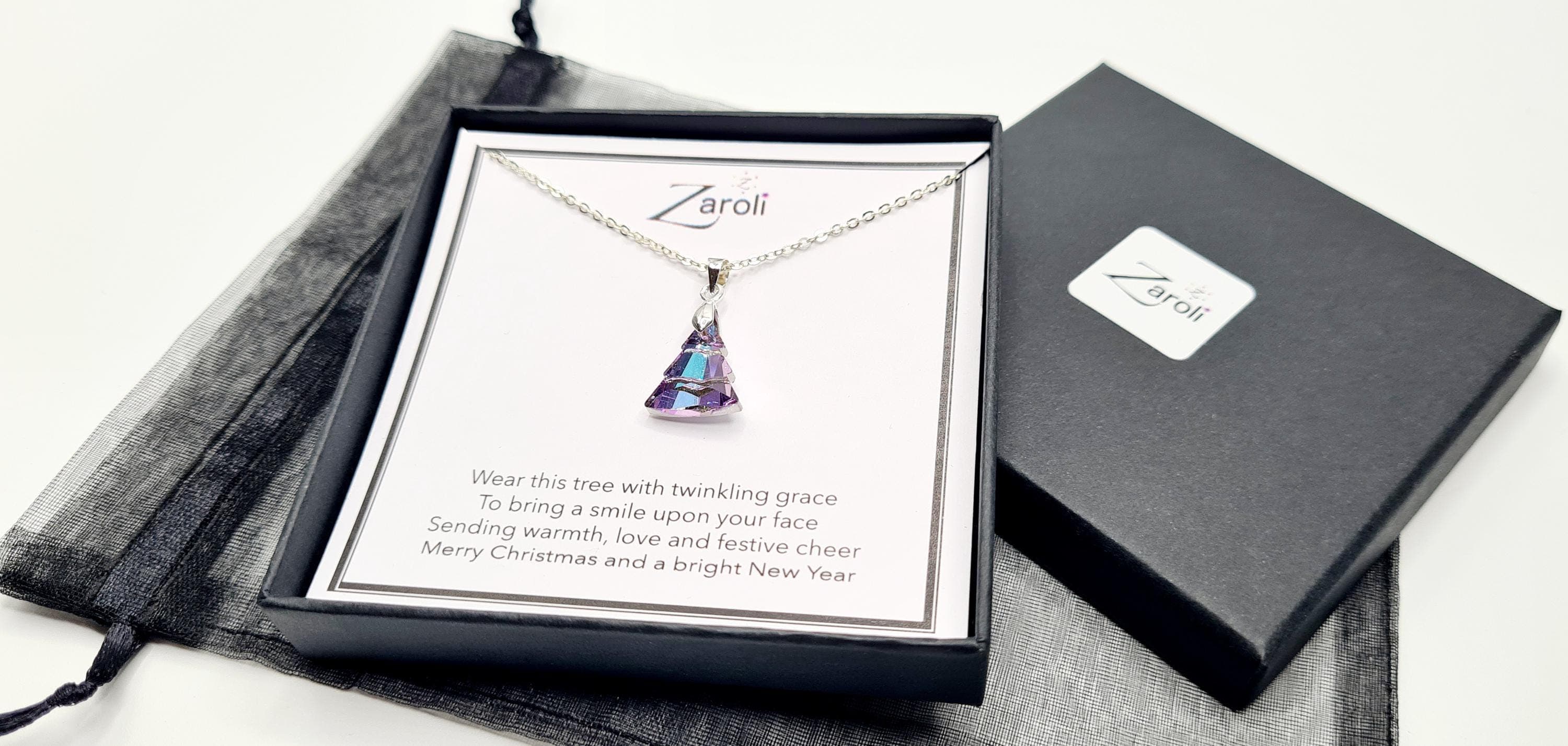 Iridescent Glass Crystal Christmas Tree Pendant Necklace, Christmas Gift on Poem Card, Pink and Blue Hues - image 4