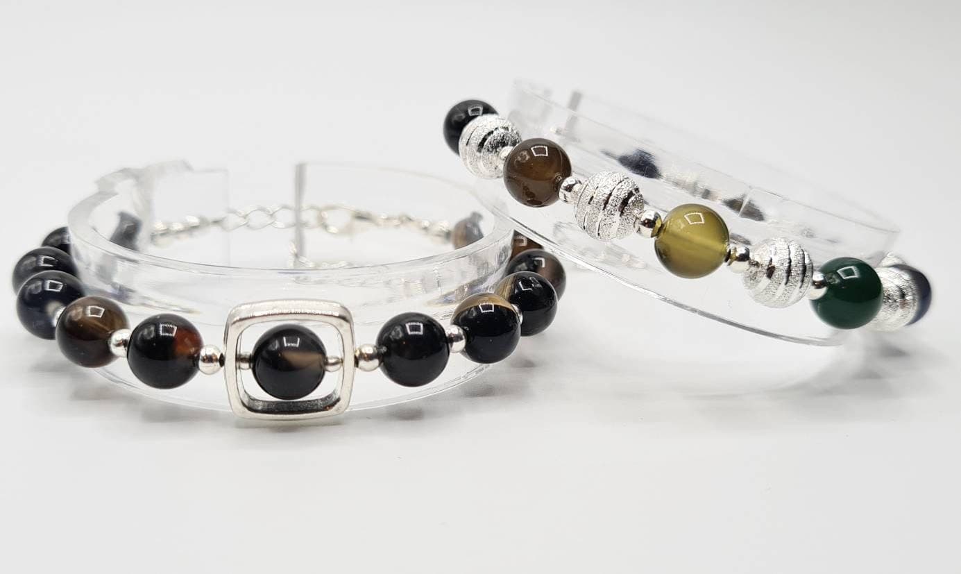 Agate Bracelet Set of 2:  Multicolour & Black Natural Gemstone Beaded Bracelets