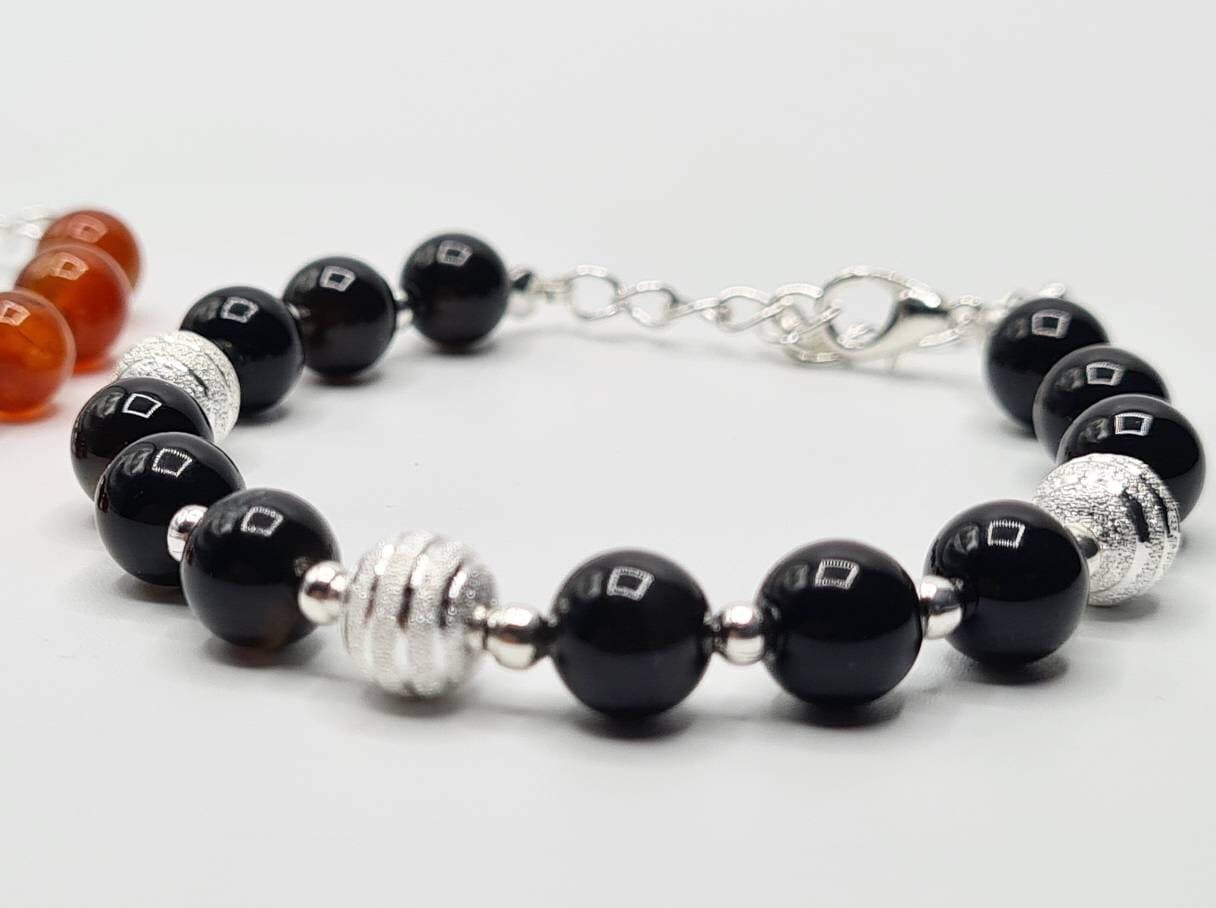 Agate Bracelet Set of 2: Black & Orange Natural Gemstone Beaded Bracelets - image 3