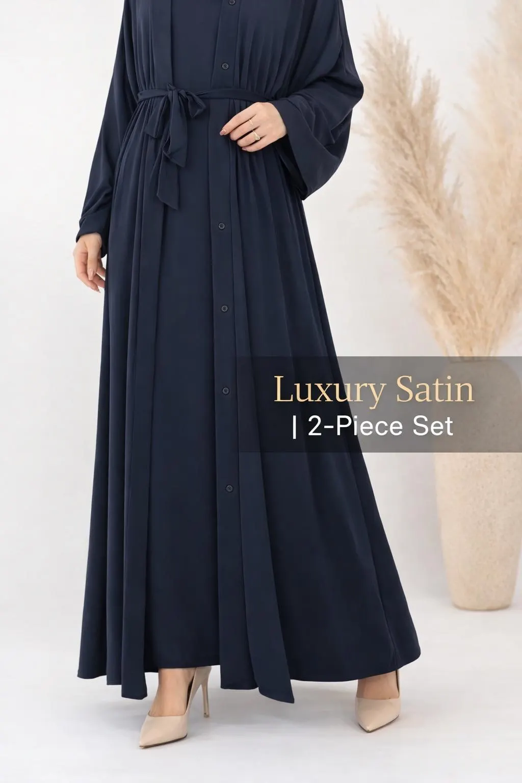Navy Blue Satin Abaya Set – 2 Piece Modest Maxi Dress, Open Abaya, Eid Outfit